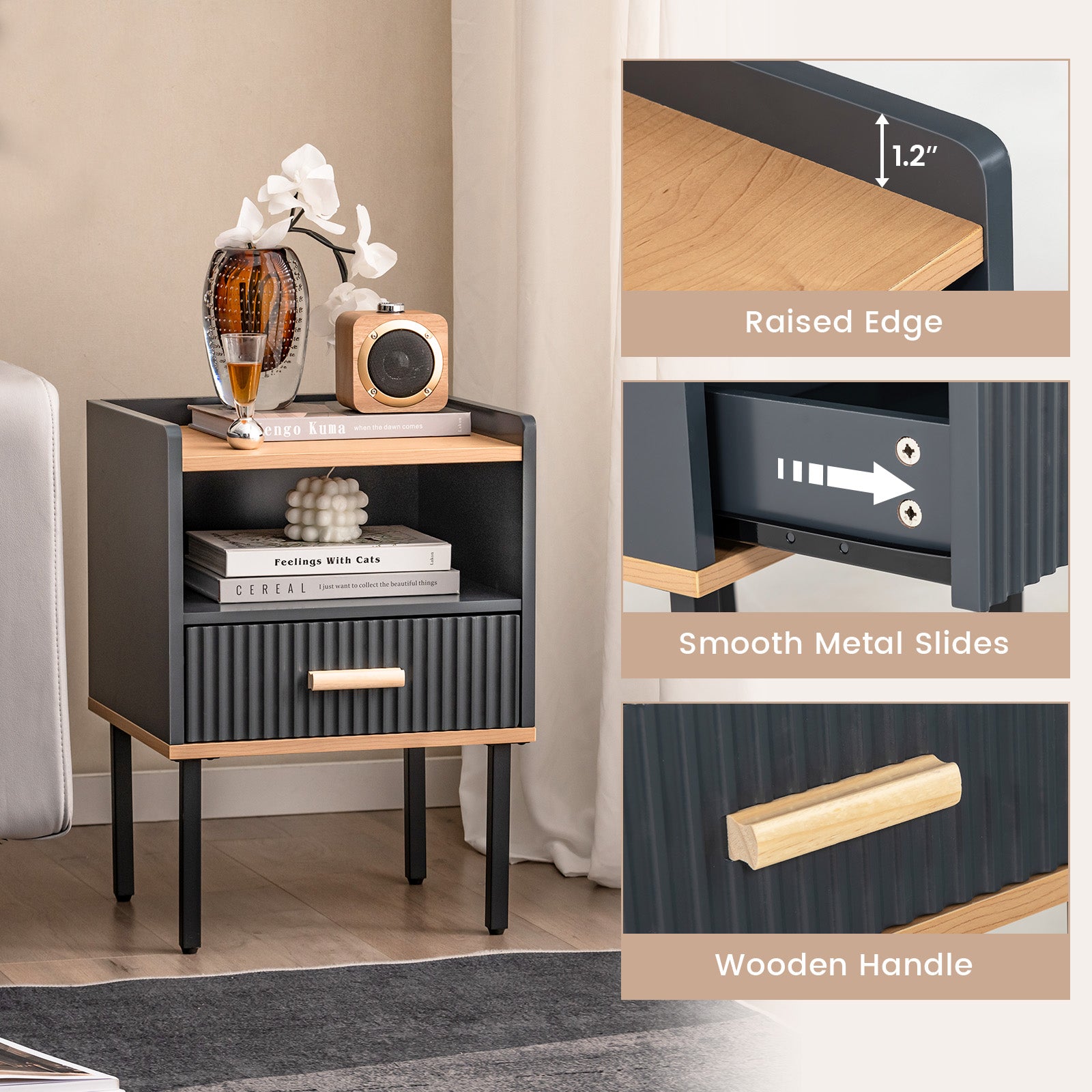 Nightstand Bedside End Table with Drawer and Open Shelf for Living Room Bedroom, Gray Nightstands at Gallery Canada