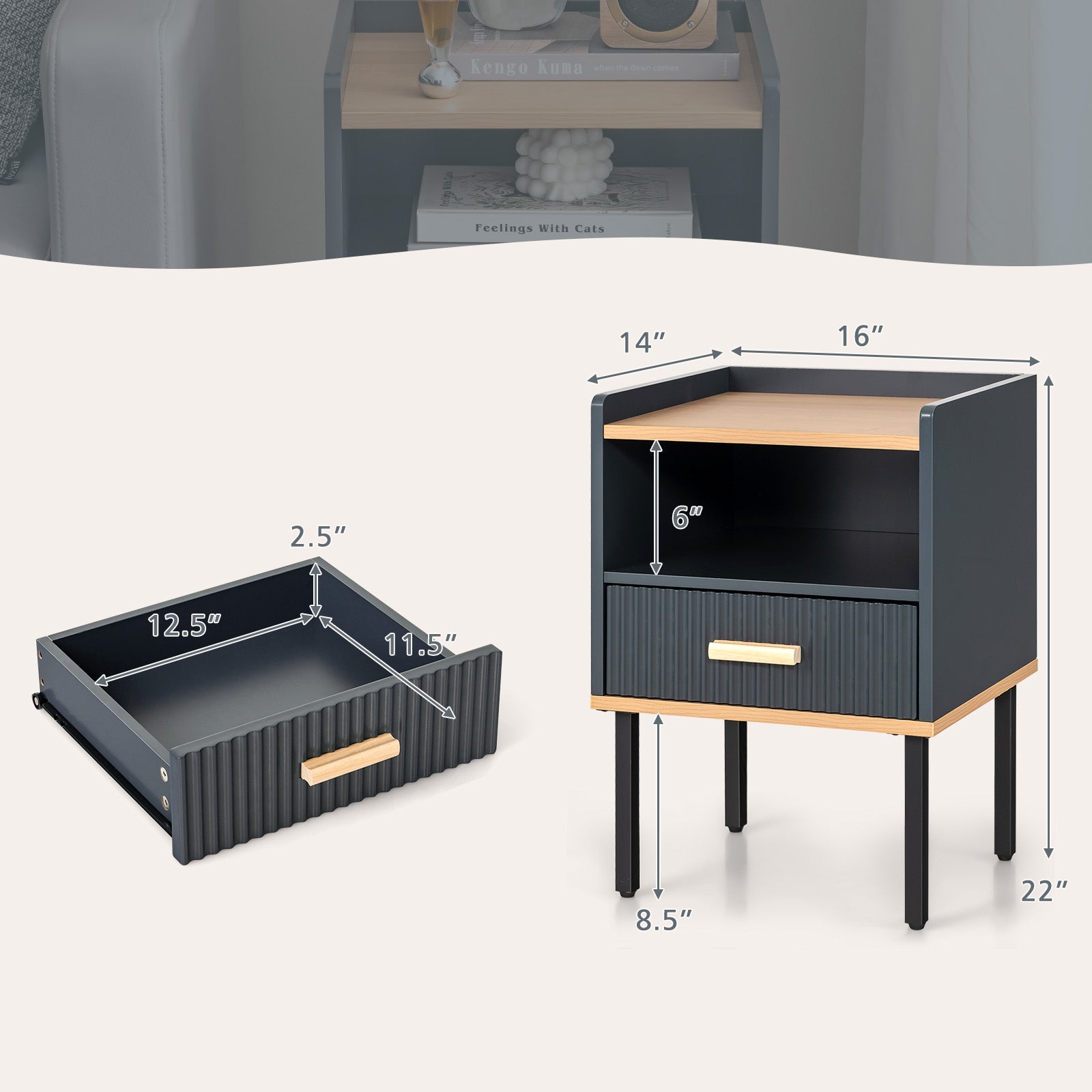 Nightstand Bedside End Table with Drawer and Open Shelf for Living Room Bedroom, Gray Nightstands at Gallery Canada