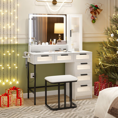 Makeup Vanity Dressing Table and Stool Set with Lights and Charging Station, White Makeup Vanities   at Gallery Canada