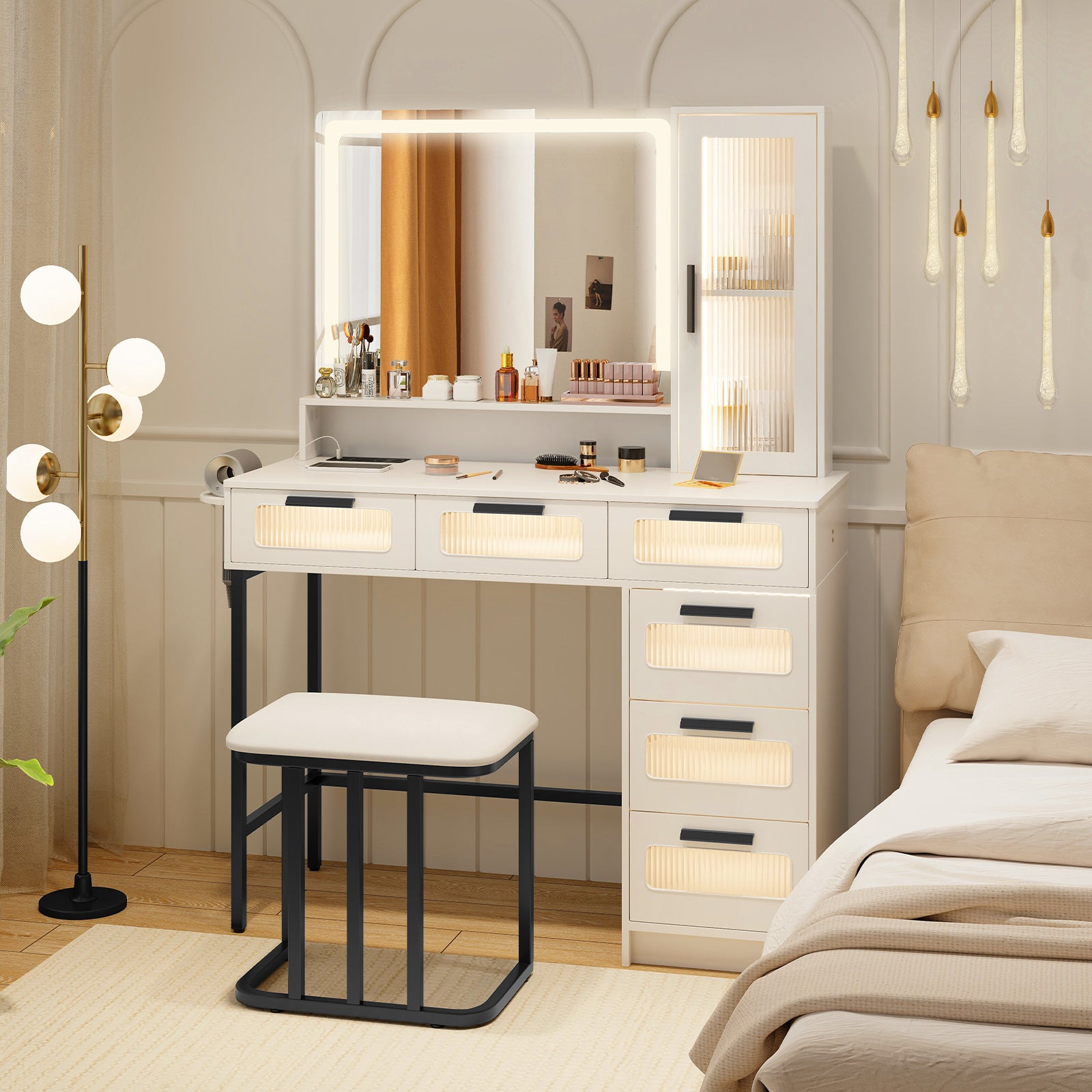 Makeup Vanity Dressing Table and Stool Set with Lights and Charging Station, White Makeup Vanities   at Gallery Canada