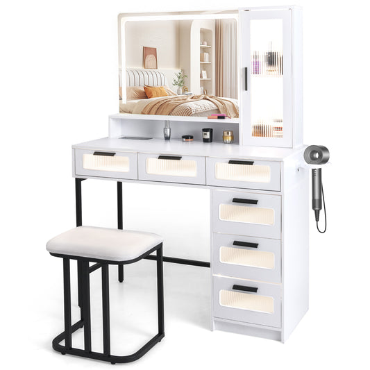 Makeup Vanity Dressing Table and Stool Set with Lights and Charging Station, White Makeup Vanities White  at Gallery Canada