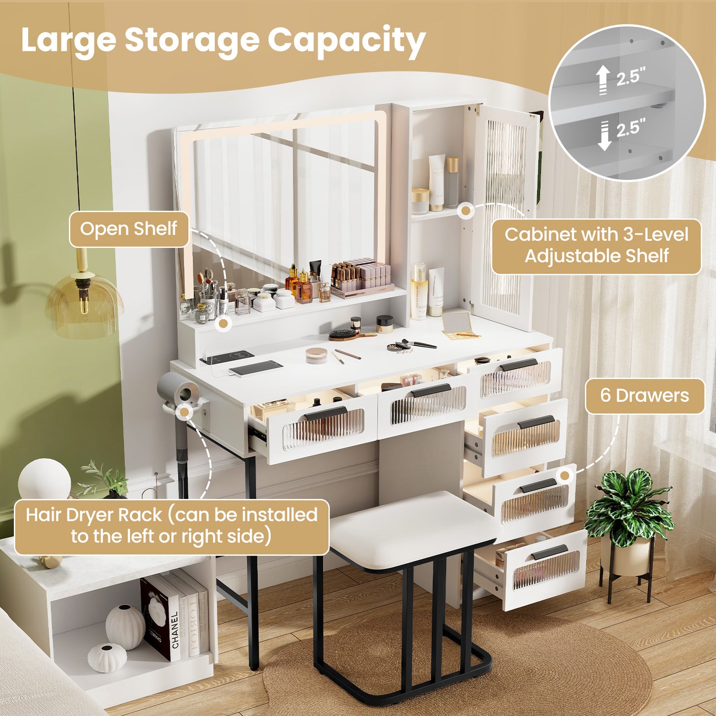 Makeup Vanity Dressing Table and Stool Set with Lights and Charging Station, White Makeup Vanities   at Gallery Canada