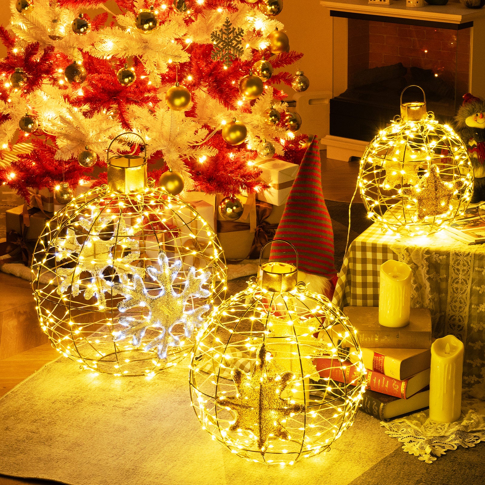 3 Pieces Pre-Lit Lantern Balls with 732 Bright LED Lights and Ground Stakes, Golden Christmas Decor & Accessories   at Gallery Canada