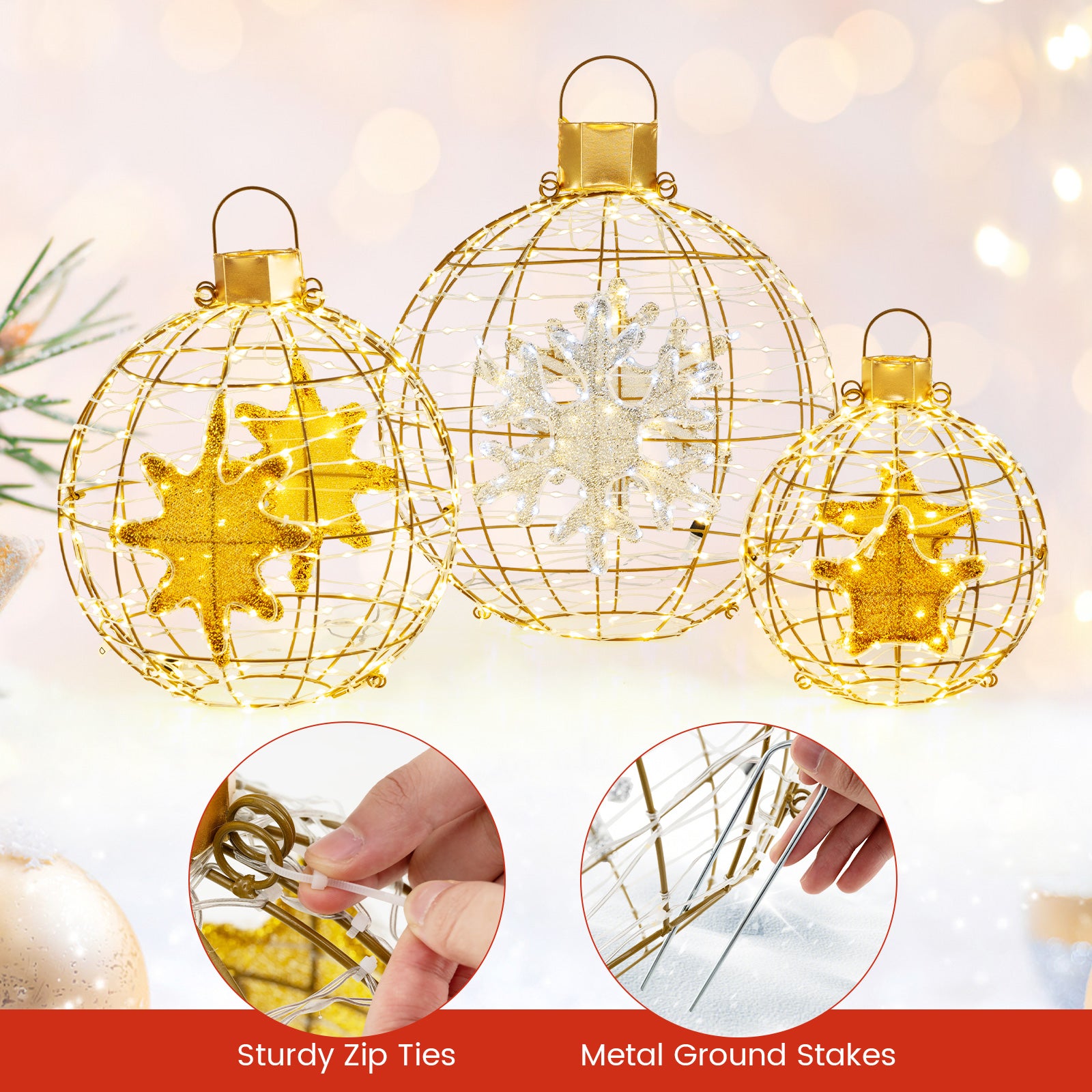 3 Pieces Pre-Lit Lantern Balls with 732 Bright LED Lights and Ground Stakes, Golden Christmas Decor & Accessories   at Gallery Canada