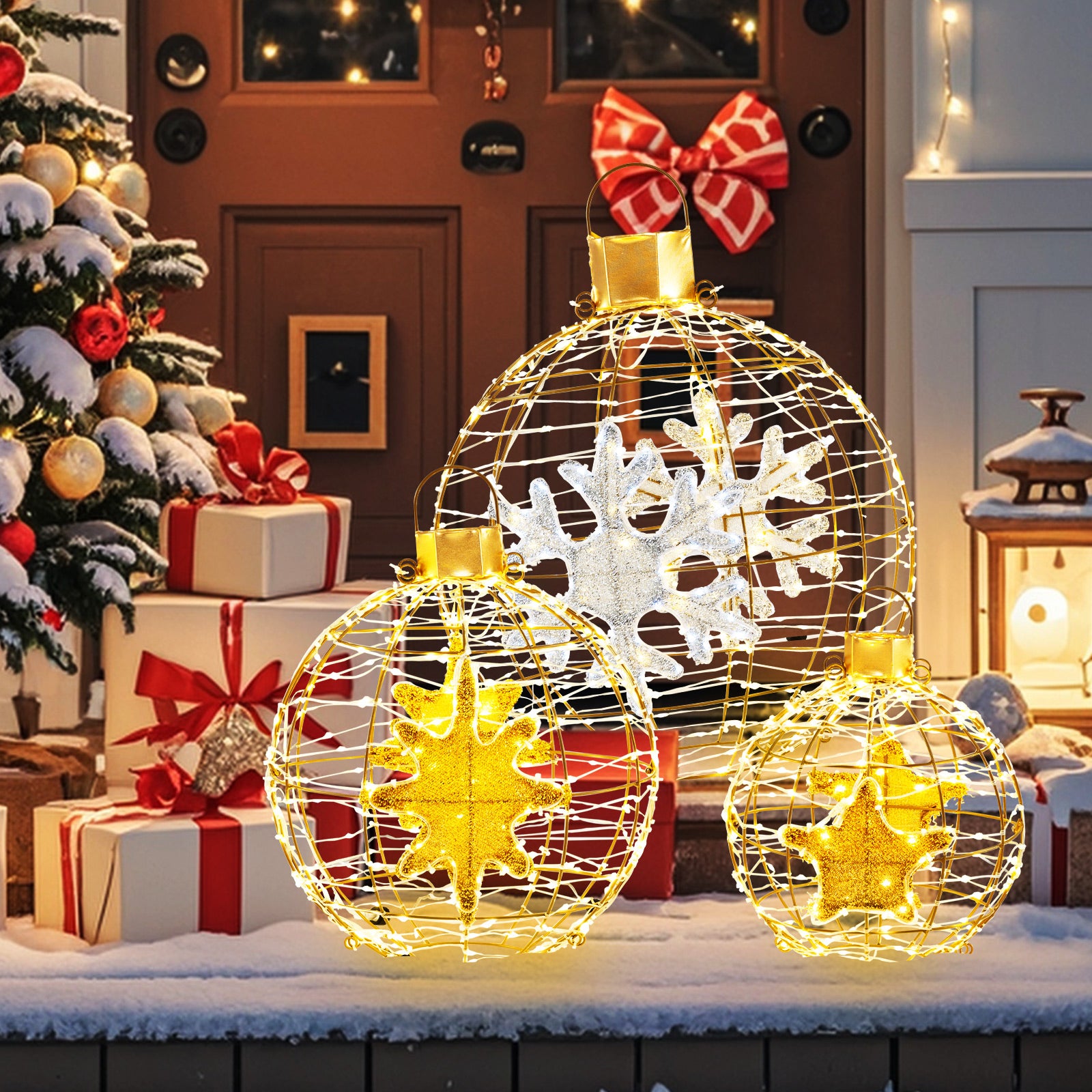 3 Pieces Pre-Lit Lantern Balls with 732 Bright LED Lights and Ground Stakes, Golden Christmas Decor & Accessories   at Gallery Canada