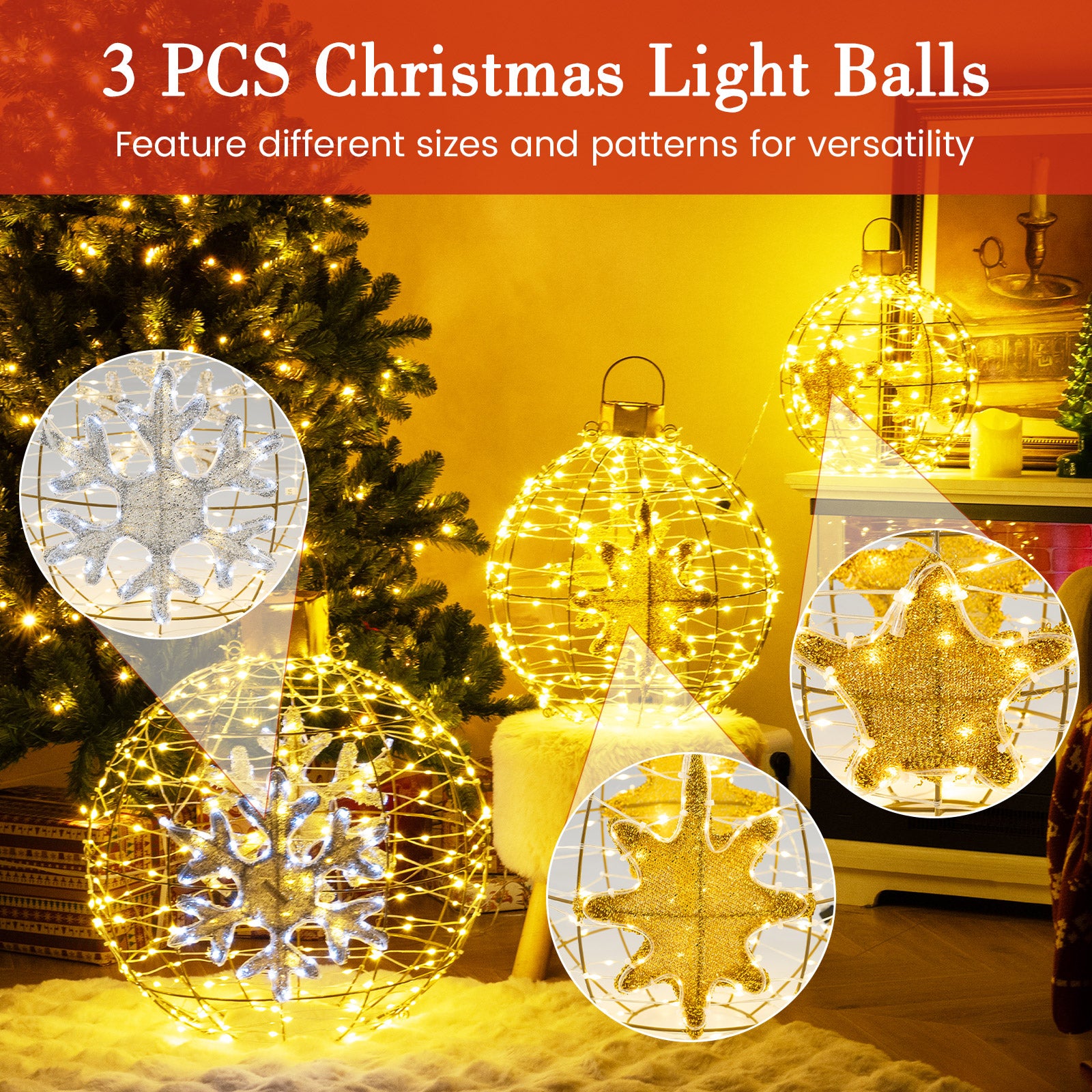 3 Pieces Pre-Lit Lantern Balls with 732 Bright LED Lights and Ground Stakes, Golden Christmas Decor & Accessories   at Gallery Canada