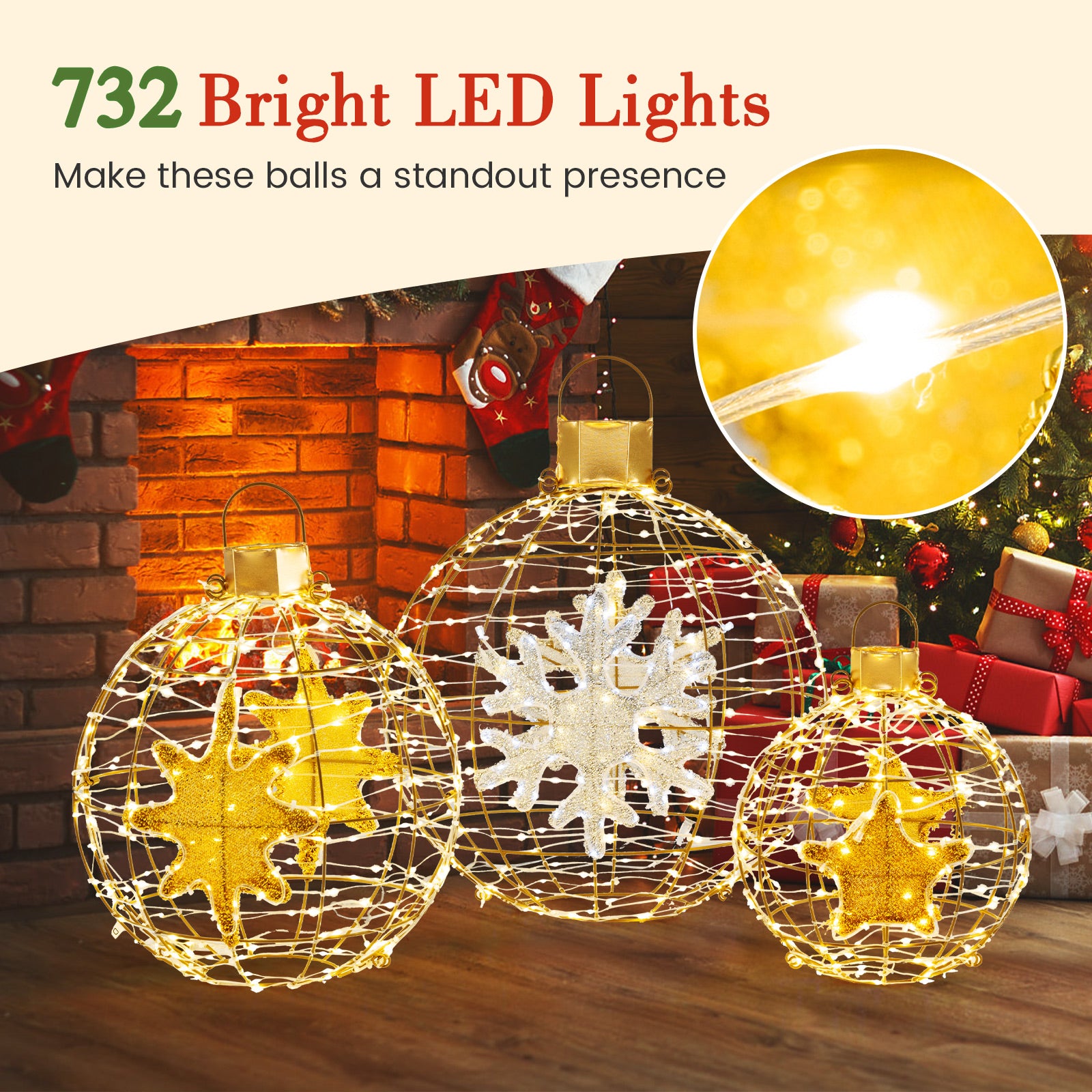 3 Pieces Pre-Lit Lantern Balls with 732 Bright LED Lights and Ground Stakes, Golden Christmas Decor & Accessories   at Gallery Canada