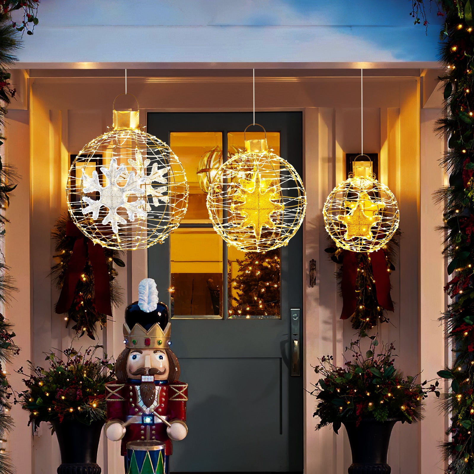 3 Pieces Pre-Lit Lantern Balls with 732 Bright LED Lights and Ground Stakes, Golden Christmas Decor & Accessories   at Gallery Canada