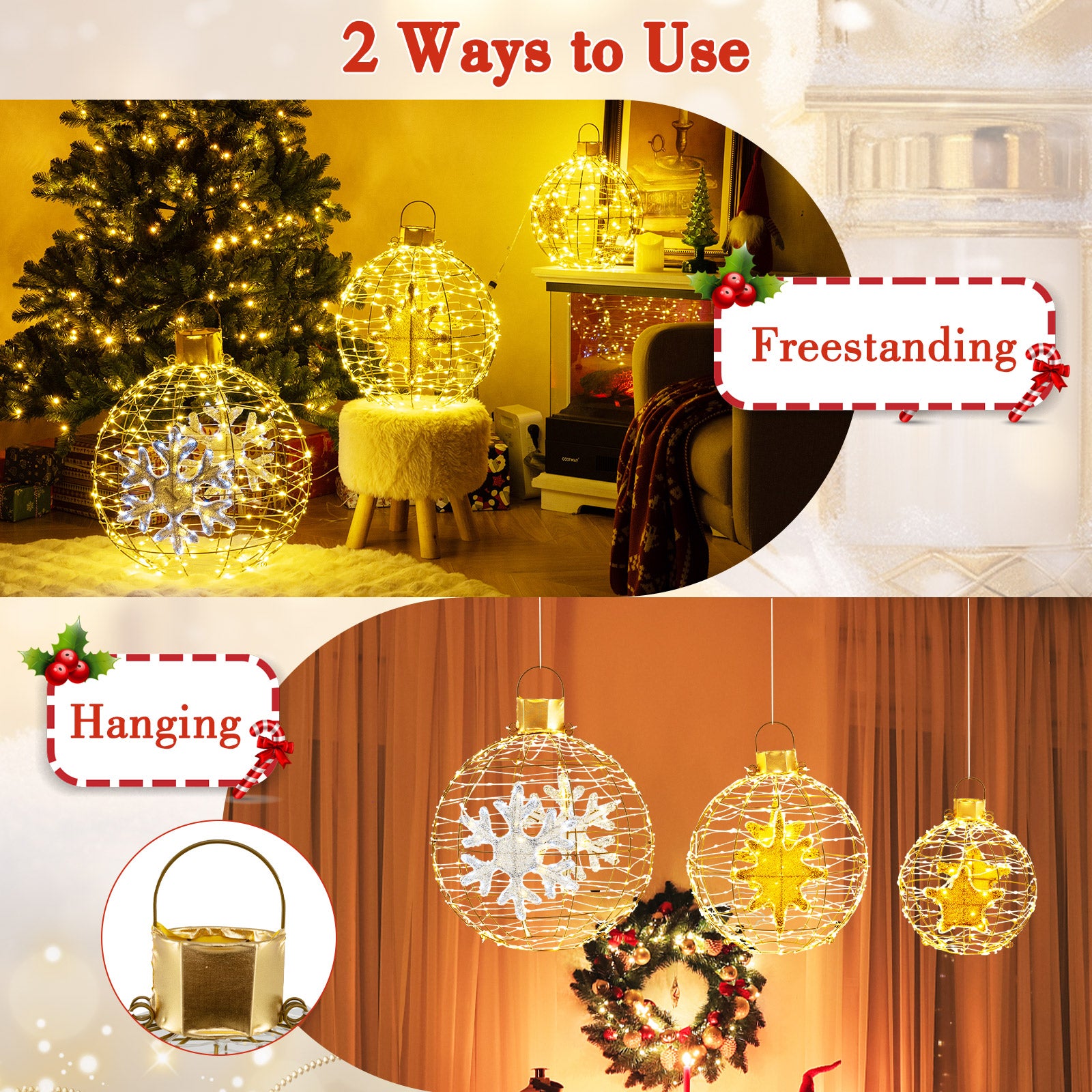 3 Pieces Pre-Lit Lantern Balls with 732 Bright LED Lights and Ground Stakes, Golden Christmas Decor & Accessories   at Gallery Canada