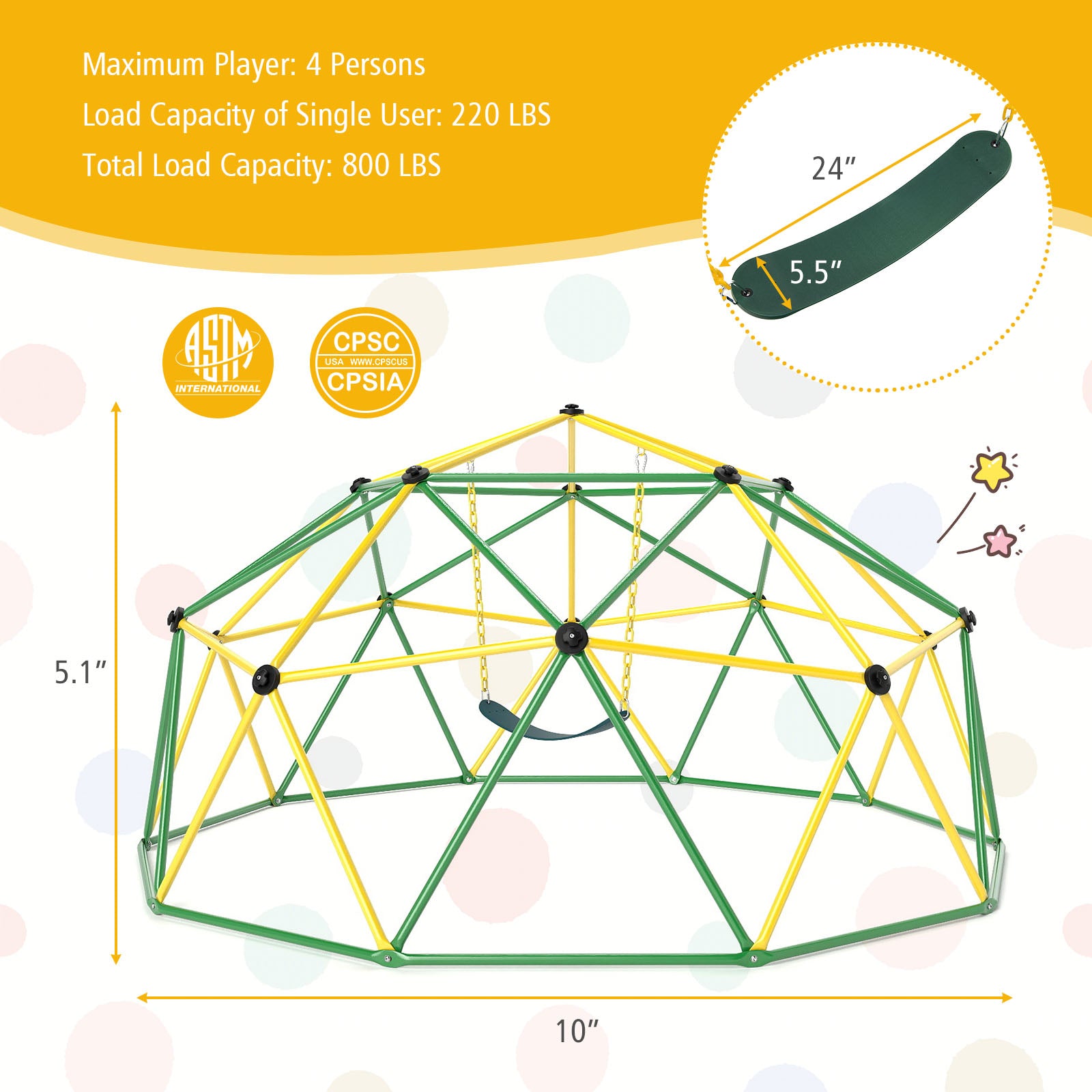 10 Feet Dome Climber with Swing and 800 Lbs Load Capacity, Green Climbers & Slides at Gallery Canada