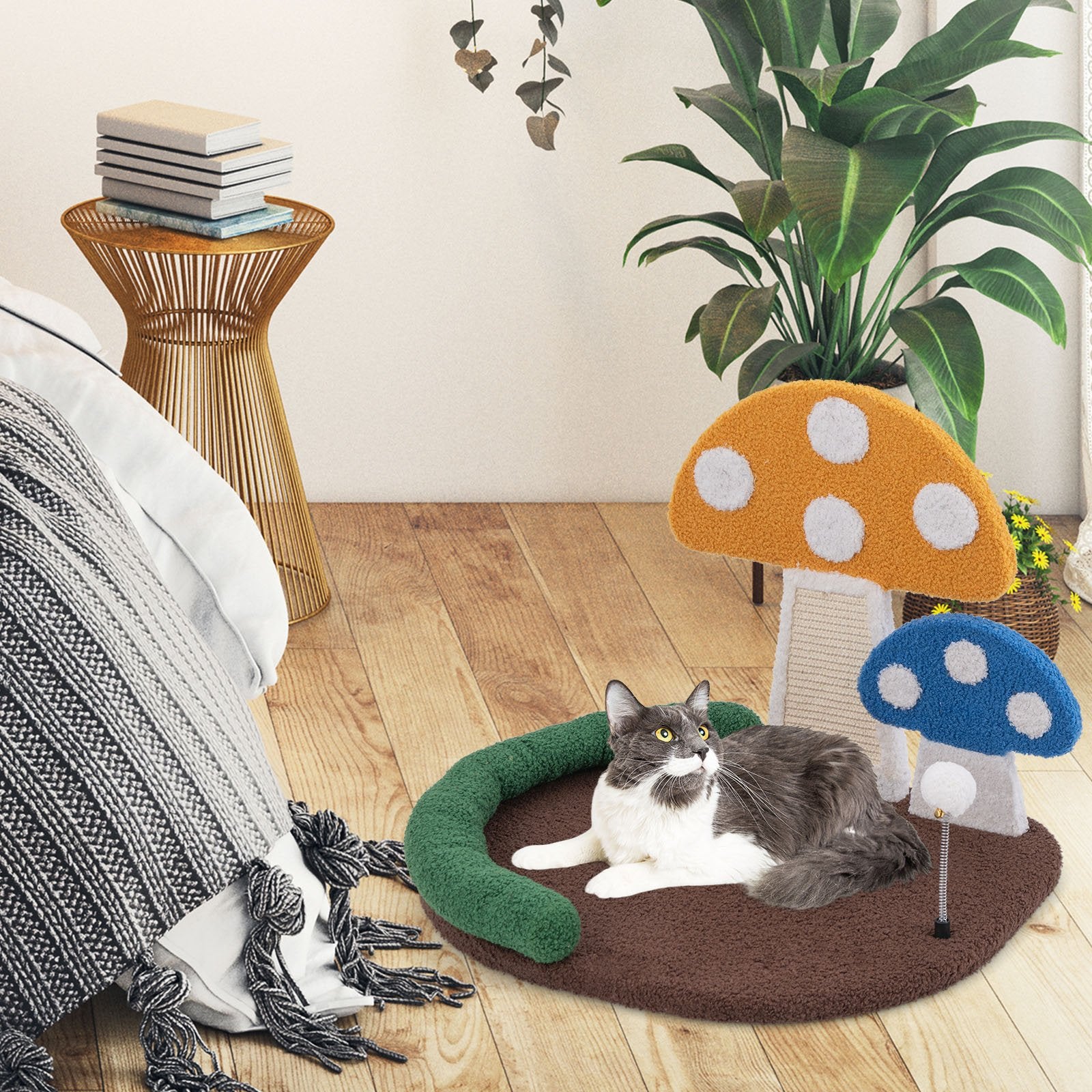 Mushroom Cat Bed Cat Claw Scratcher with Wide Bed and Sisal Scratch Panel, Multicolor Cat Trees Condos & Scratchers   at Gallery Canada