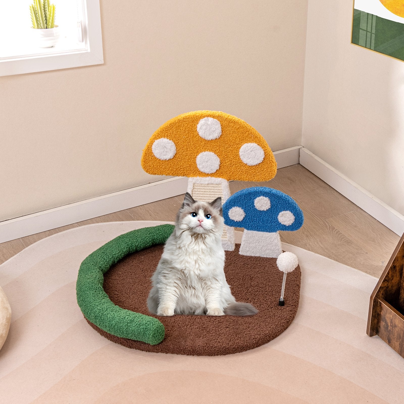 Mushroom Cat Bed Cat Claw Scratcher with Wide Bed and Sisal Scratch Panel, Multicolor Cat Trees Condos & Scratchers   at Gallery Canada