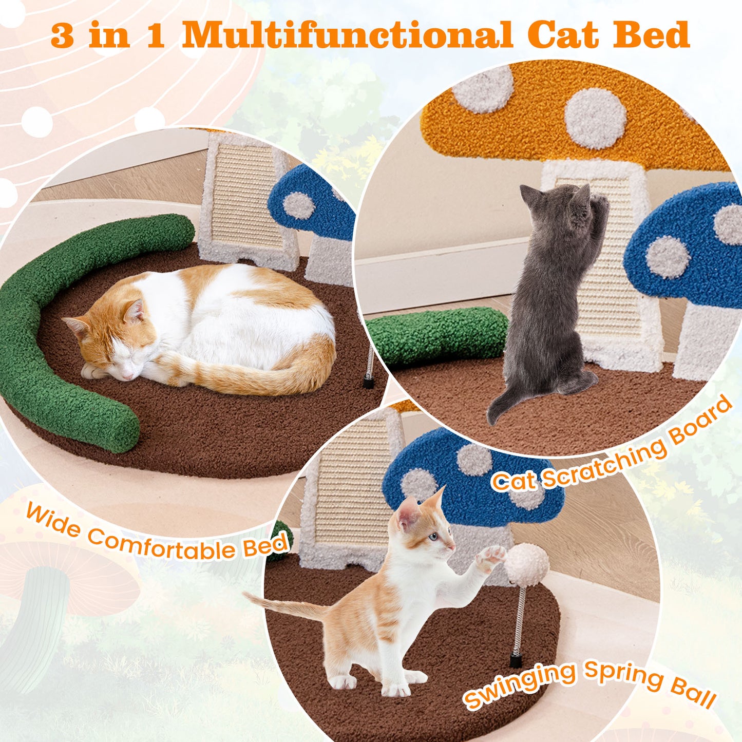 Mushroom Cat Bed Cat Claw Scratcher with Wide Bed and Sisal Scratch Panel, Multicolor Cat Trees Condos & Scratchers   at Gallery Canada