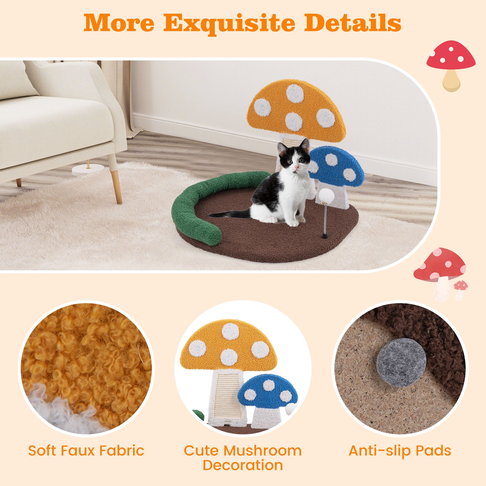 Mushroom Cat Bed Cat Claw Scratcher with Wide Bed and Sisal Scratch Panel, Multicolor Cat Trees Condos & Scratchers   at Gallery Canada