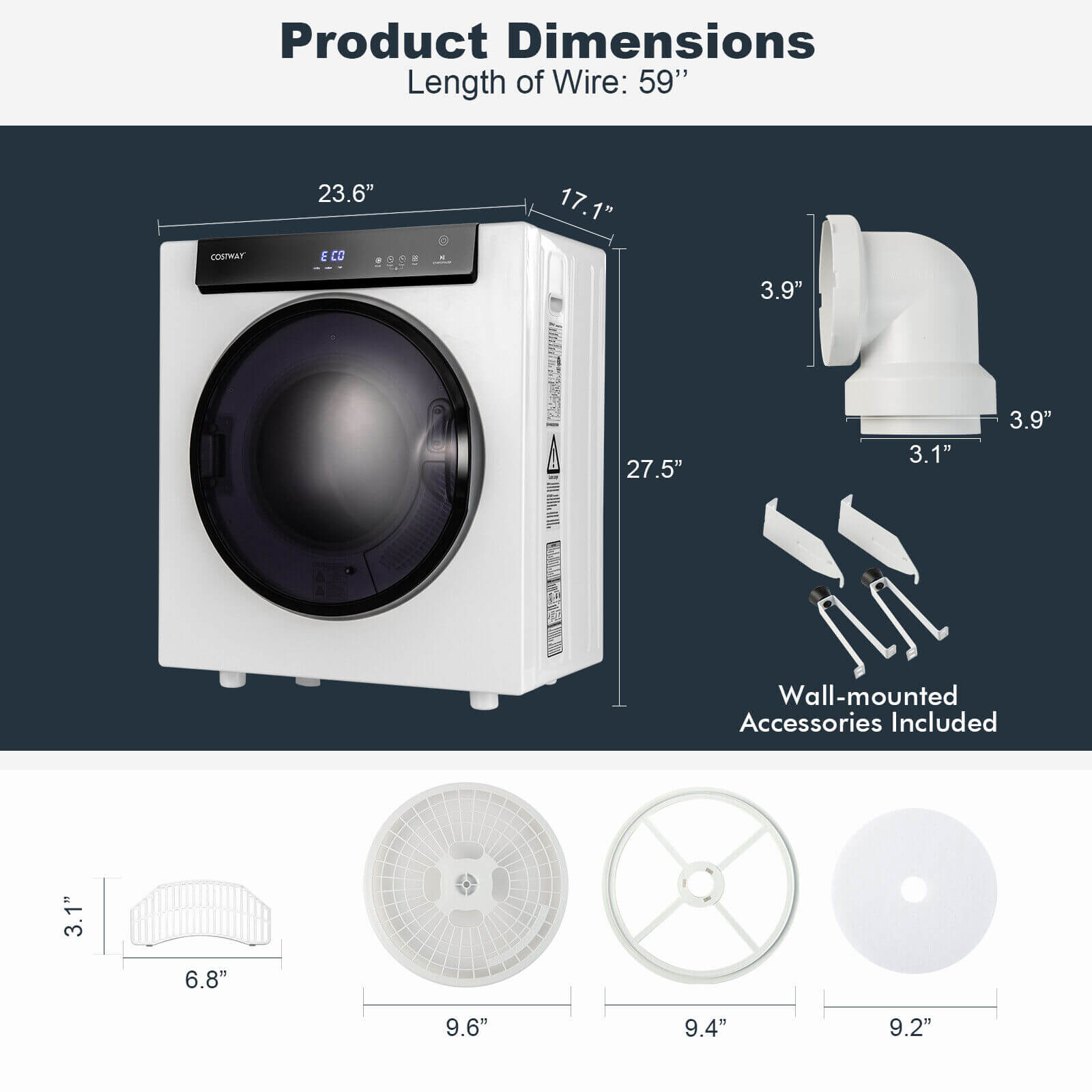 2.6 Cu.ft Compact Clothes Dryer with Touch Panel and 2 Modes, White Dryers at Gallery Canada