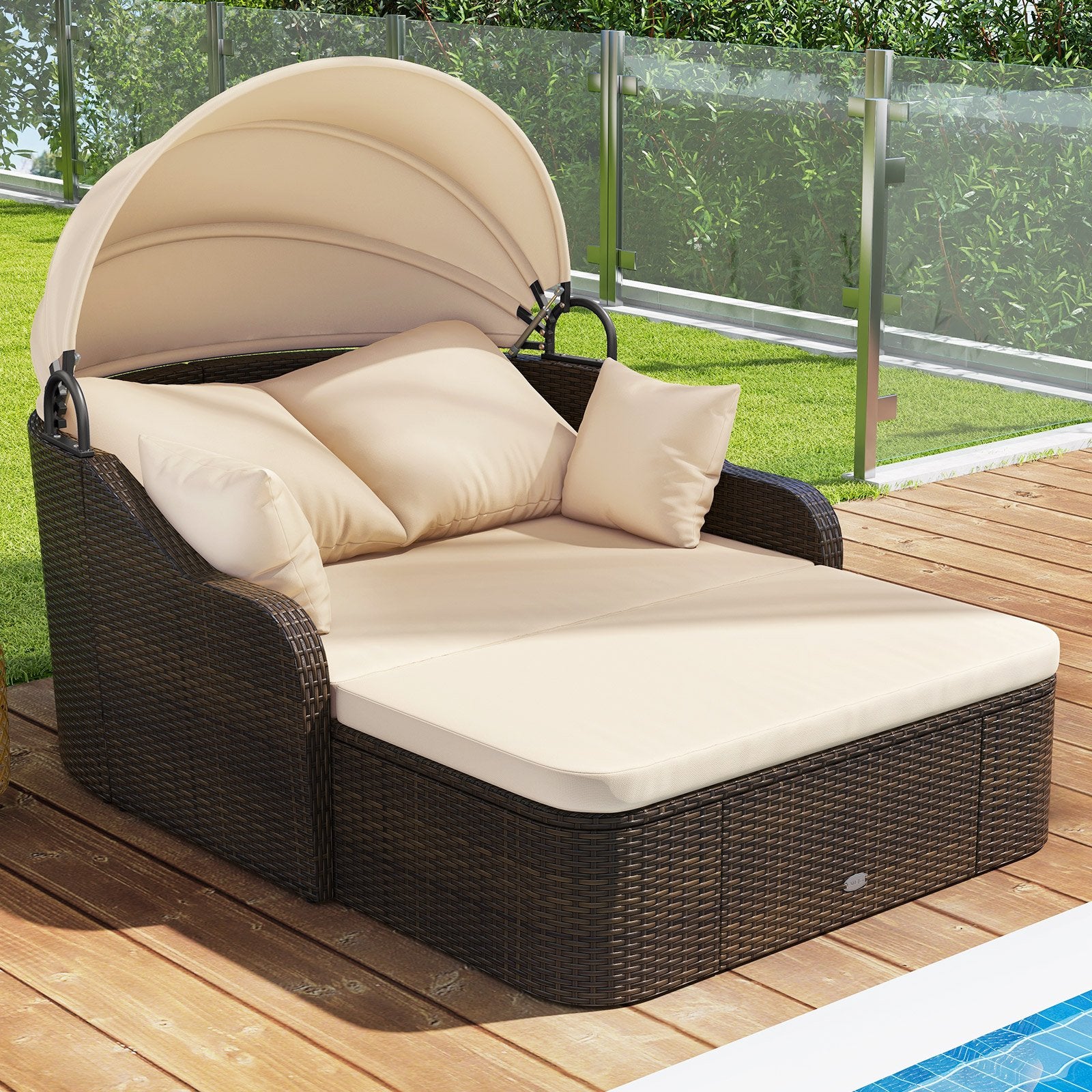 Patio PE Rattan Daybed with Retractable Canopy and Soft Cushions, Beige Outdoor Sectionals   at Gallery Canada