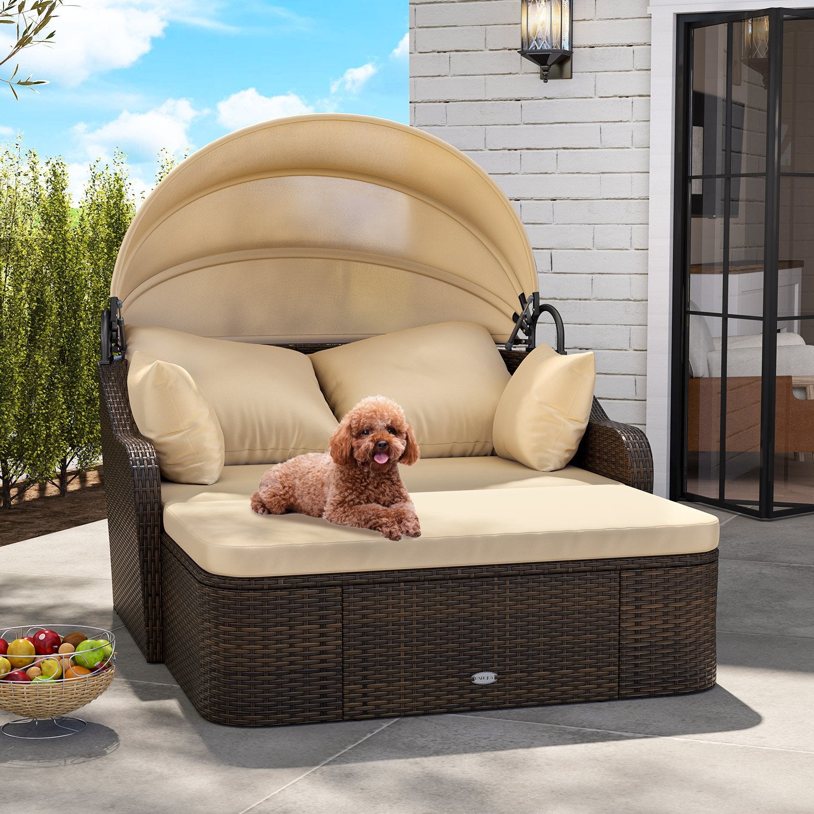 Patio PE Rattan Daybed with Retractable Canopy and Soft Cushions, Beige Outdoor Sectionals   at Gallery Canada