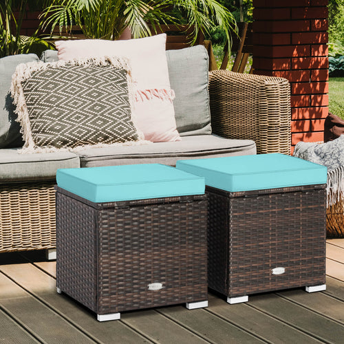 2 Pieces Patio Ottoman with Removable Cushions, Turquoise