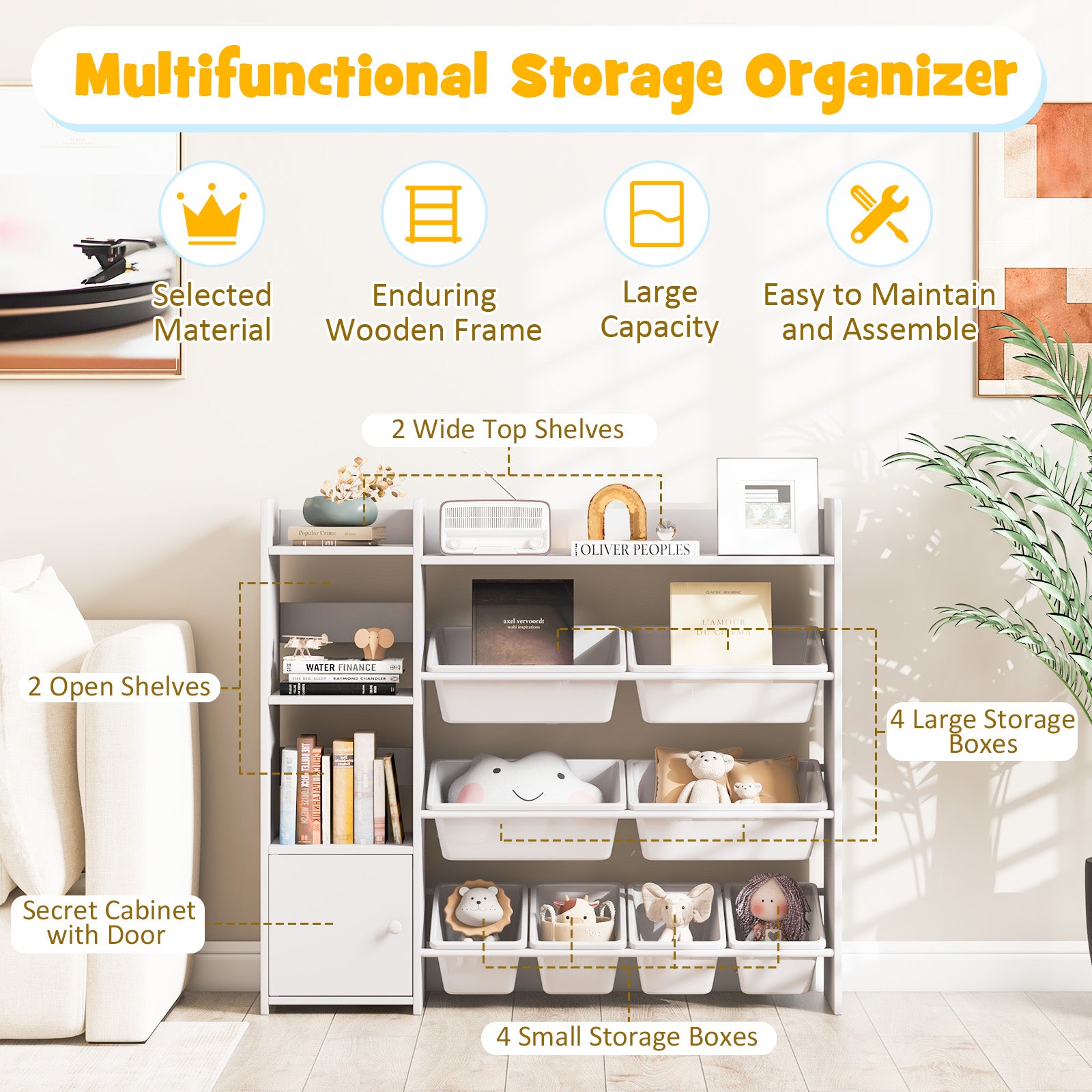 4-Tier Kids Toy Storage Organizer Bookshelf and Toy Storage Rack with Door, White Kids Storage   at Gallery Canada