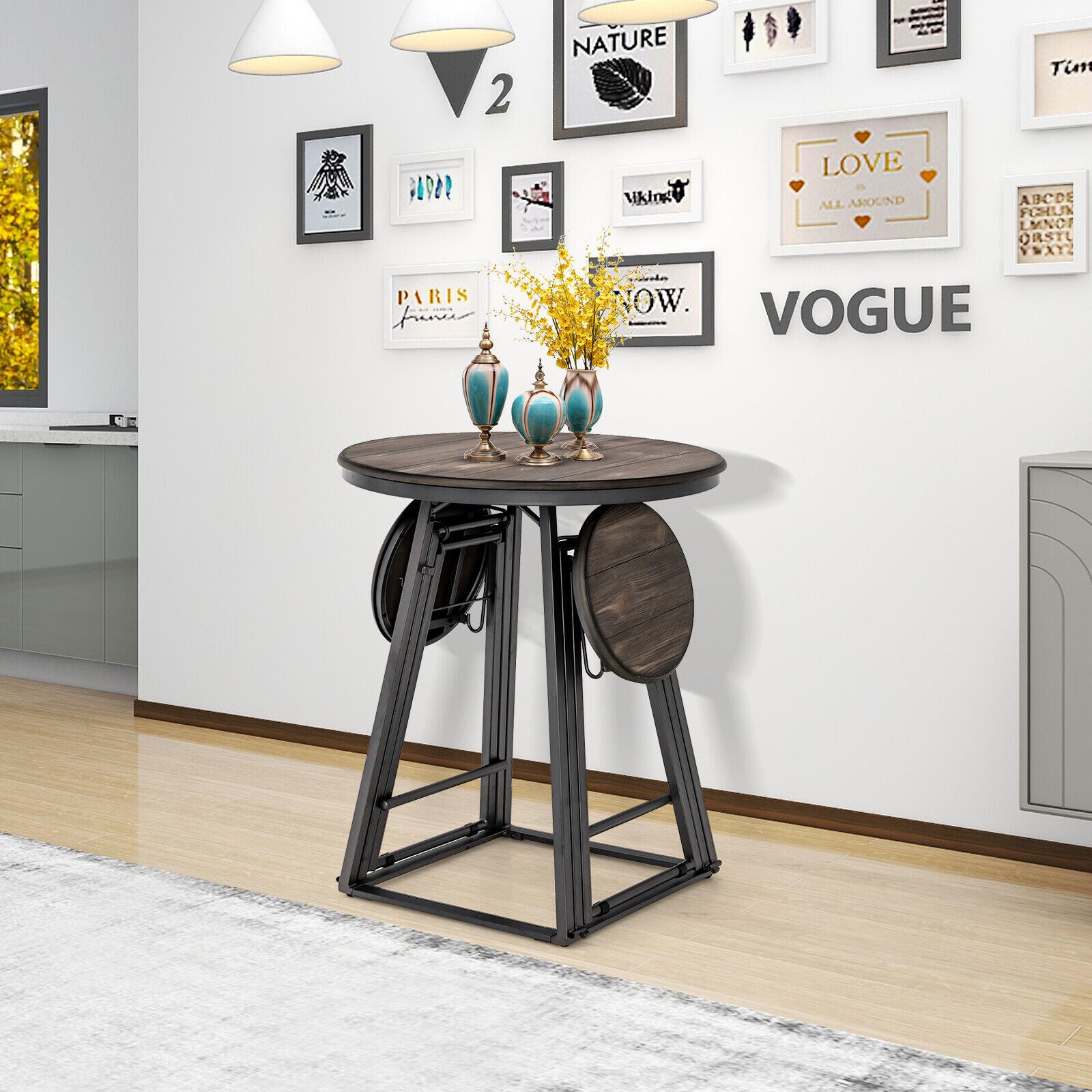 3 Pieces Dining Table Set with 2 Foldable Stools for Small Space, Gray Dining Room Sets at Gallery Canada