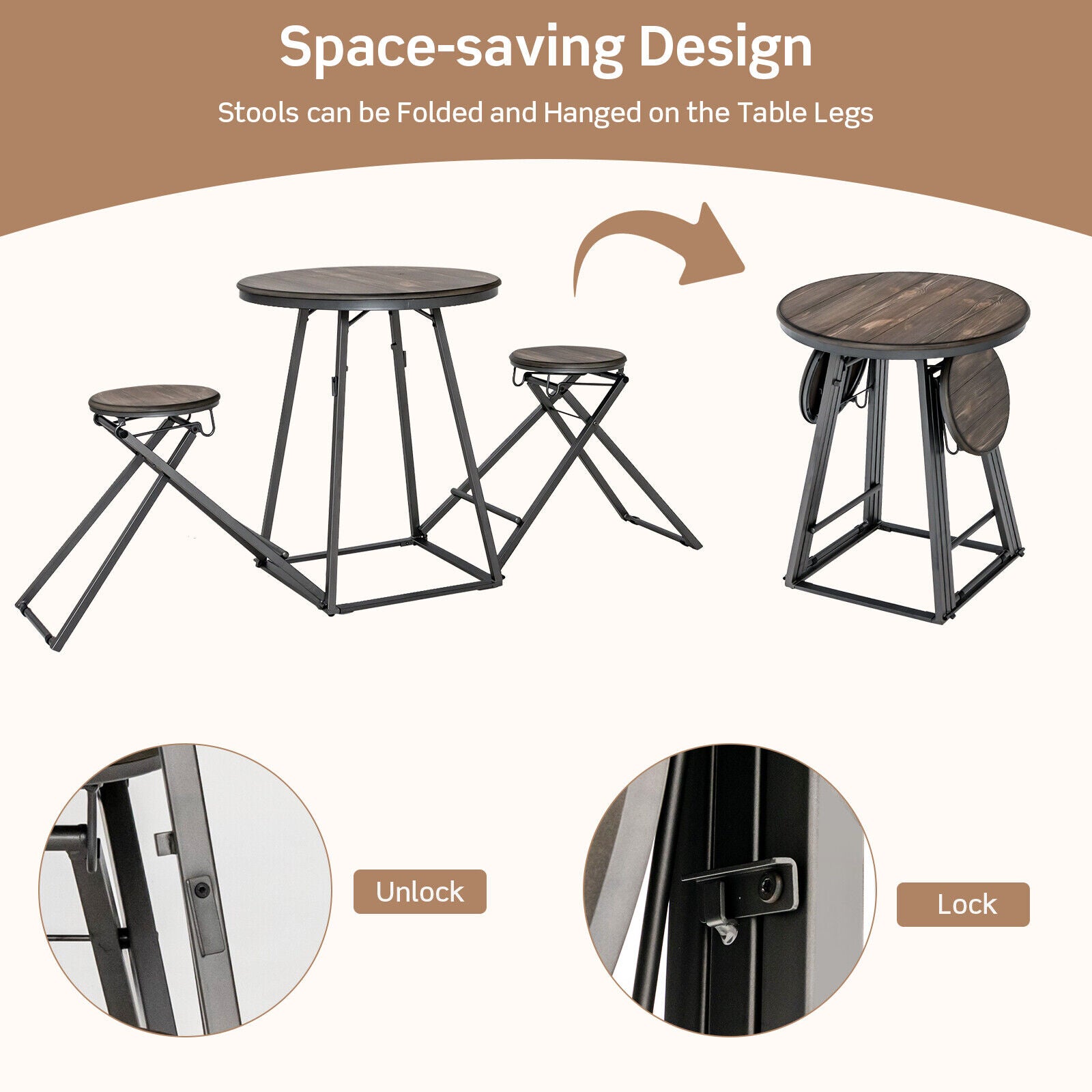 3 Pieces Dining Table Set with 2 Foldable Stools for Small Space, Gray Dining Room Sets at Gallery Canada