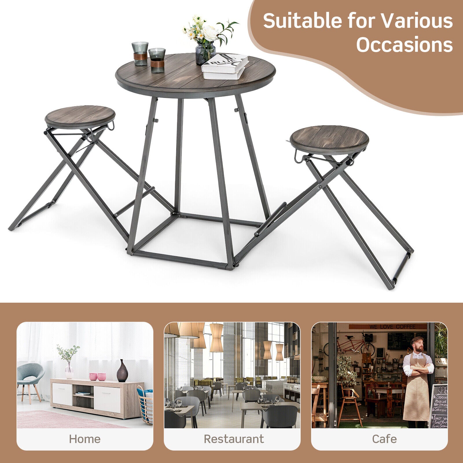 3 Pieces Dining Table Set with 2 Foldable Stools for Small Space, Gray Dining Room Sets at Gallery Canada