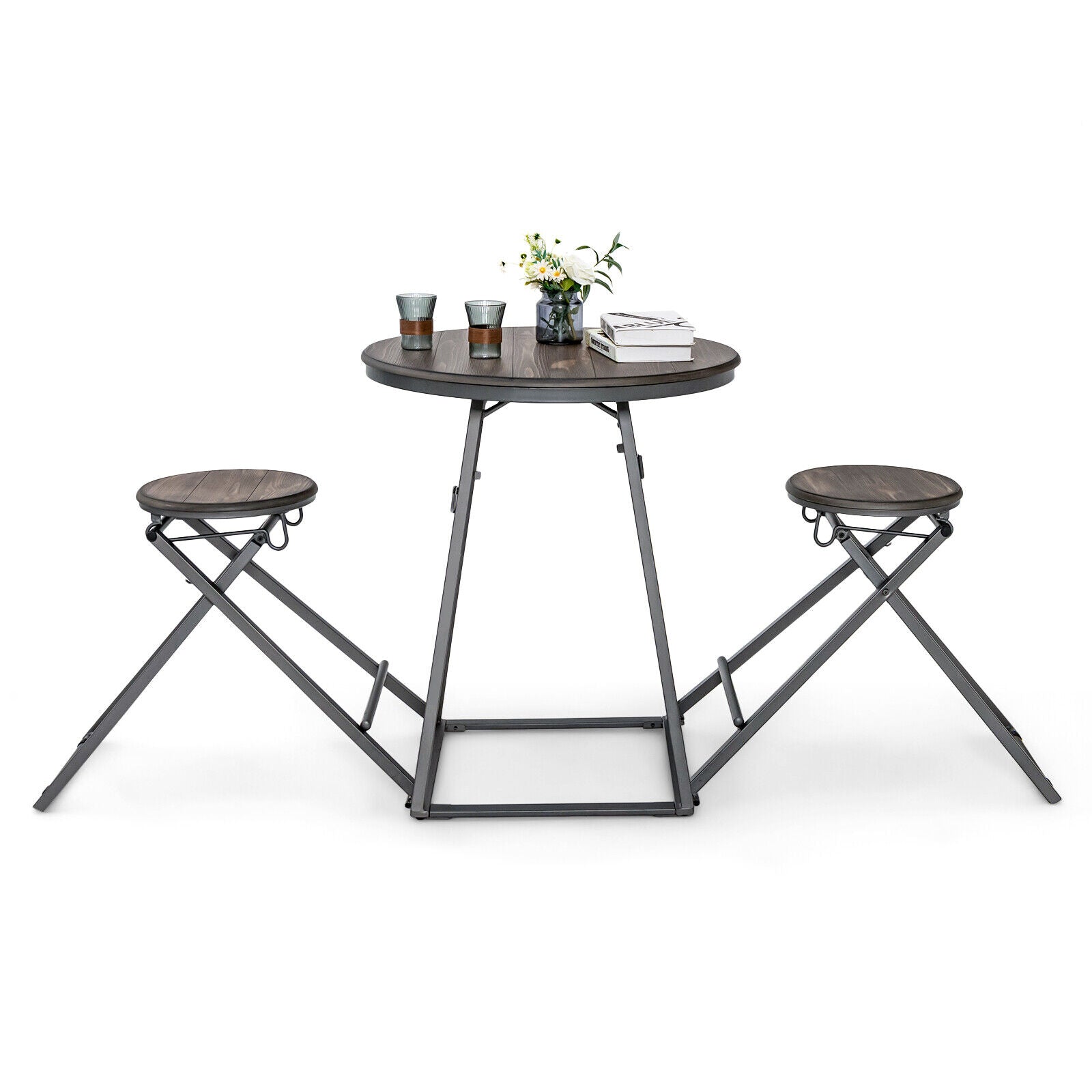3 Pieces Dining Table Set with 2 Foldable Stools for Small Space, Gray Dining Room Sets at Gallery Canada