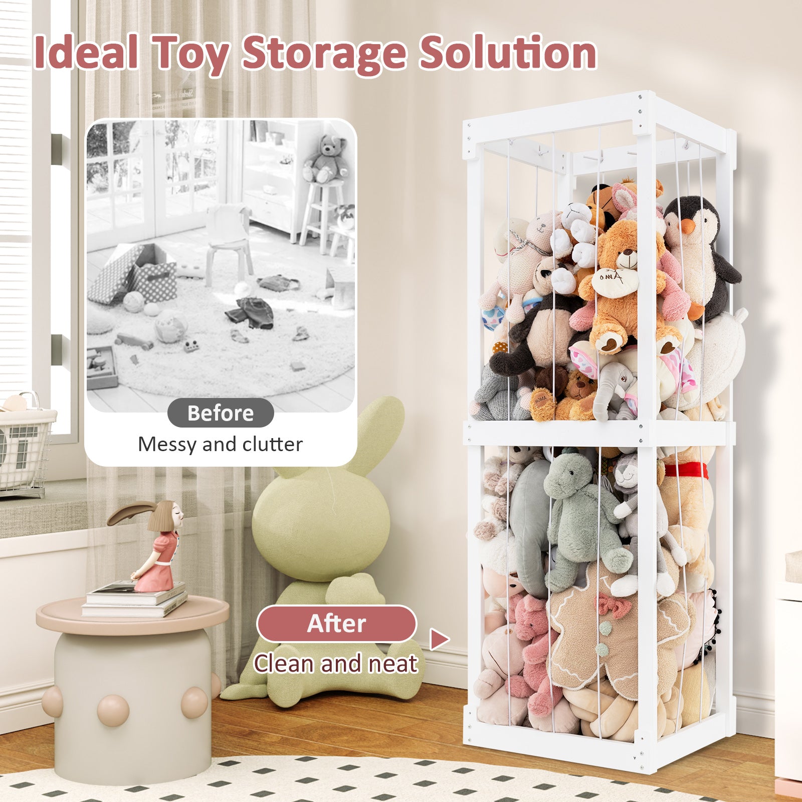 300L Large Stuffed Animal Storage with Open Top and Elastic Cords, White Kids Storage   at Gallery Canada