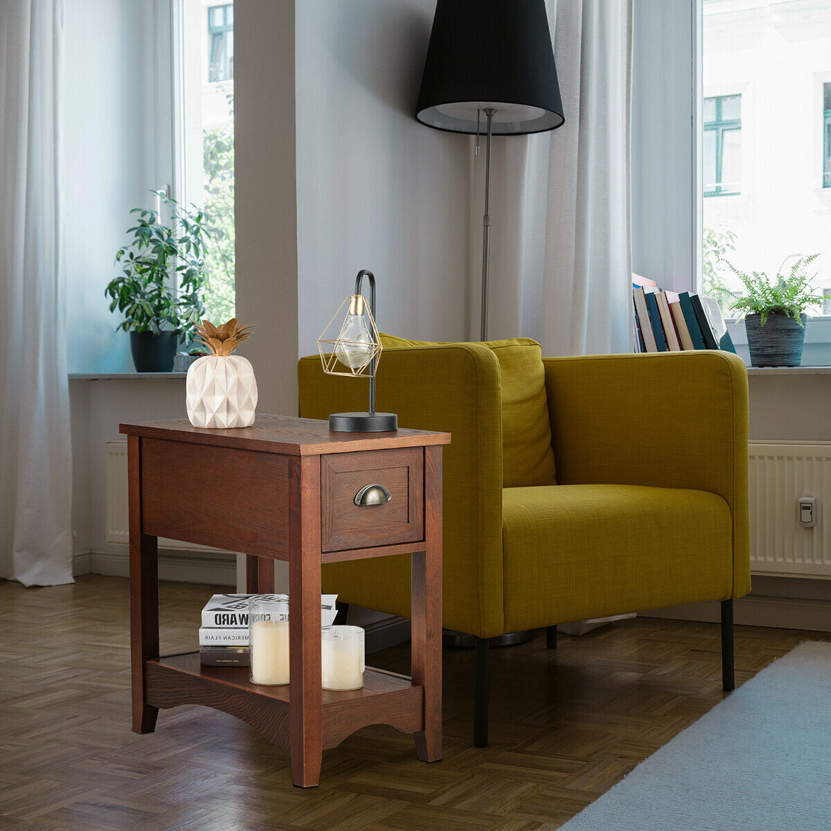 Contemporary Chair Side End Table Compact Table with Drawer Nightstand, Natural End & Side Tables at Gallery Canada