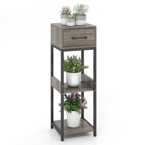 3 Tier Tall Plant Stand with Drawer Anti-tipping Devices, Gray
