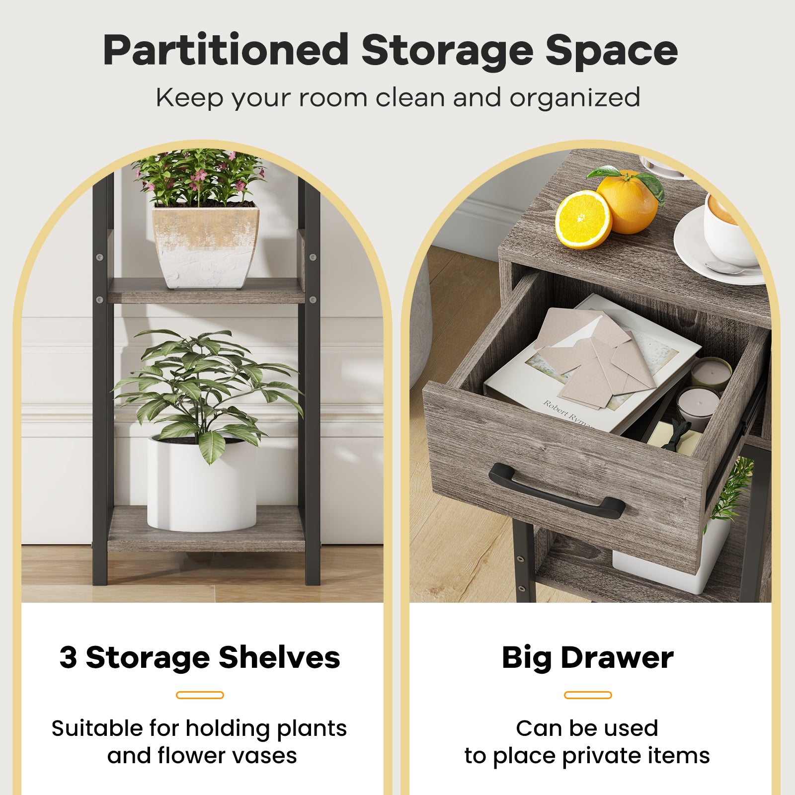 3 Tier Tall Plant Stand with Drawer Anti-tipping Devices, Gray End & Side Tables at Gallery Canada