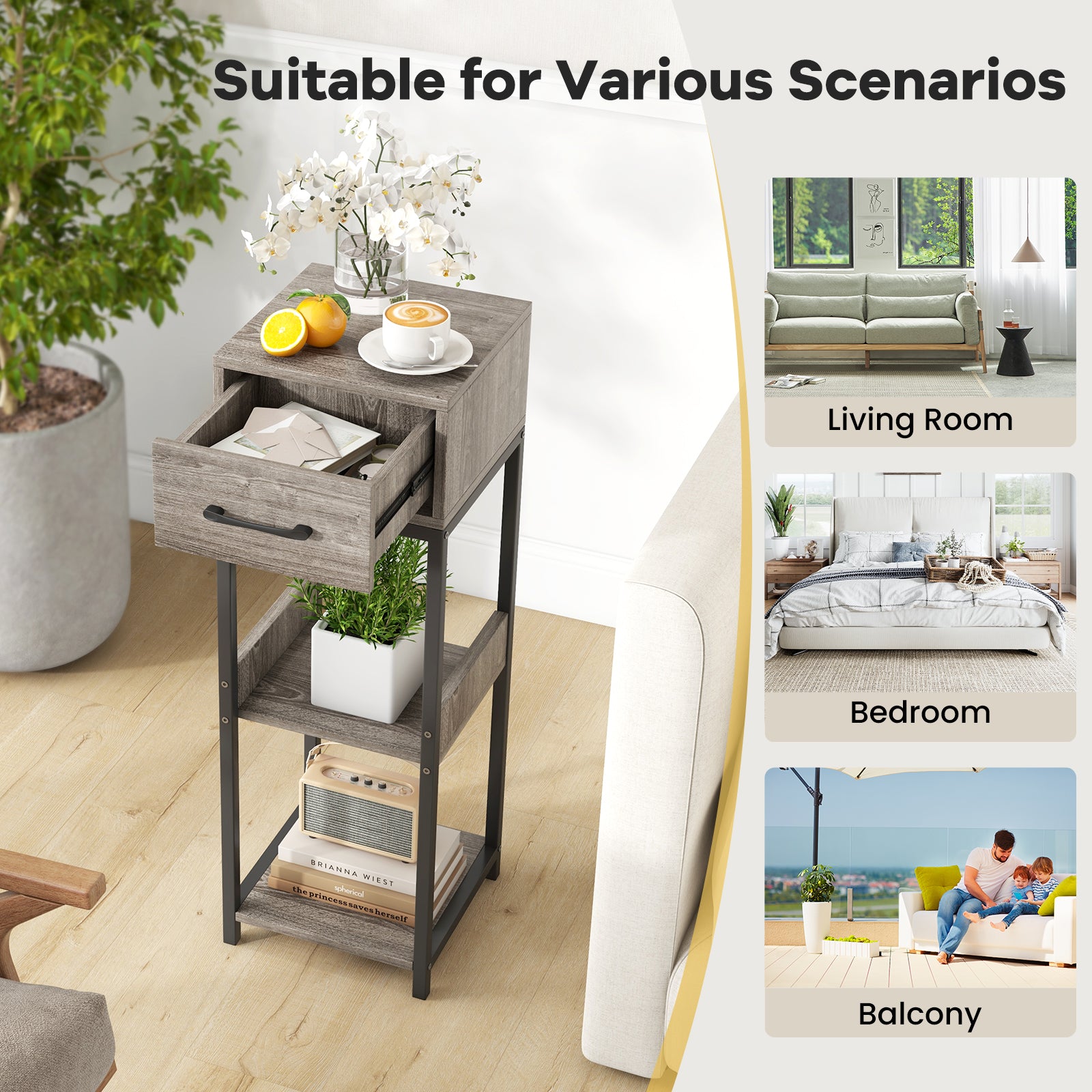 3 Tier Tall Plant Stand with Drawer Anti-tipping Devices, Gray End & Side Tables at Gallery Canada