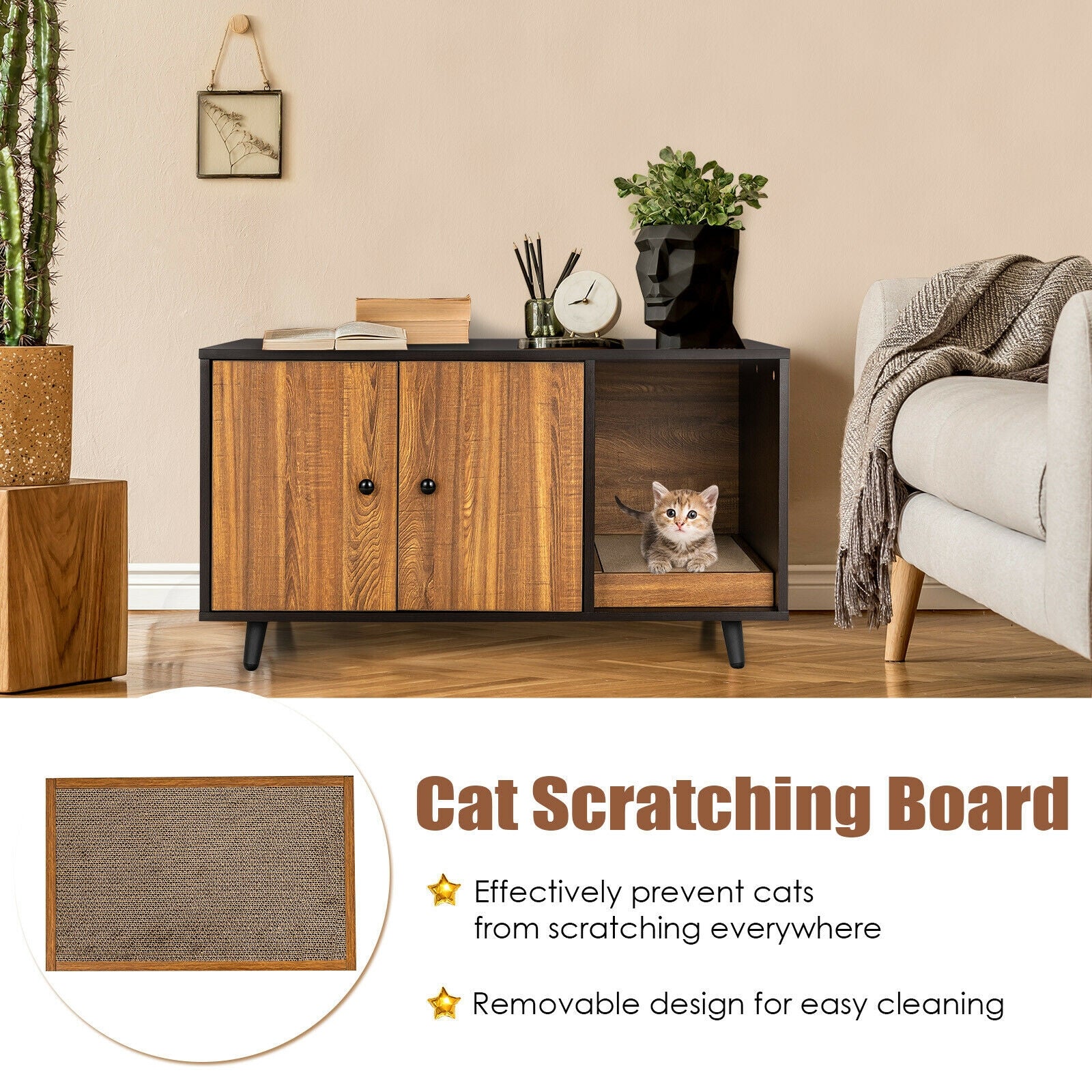 Cat Litter Box Enclosure with Divider and Double Doors, Brown Cat Houses at Gallery Canada