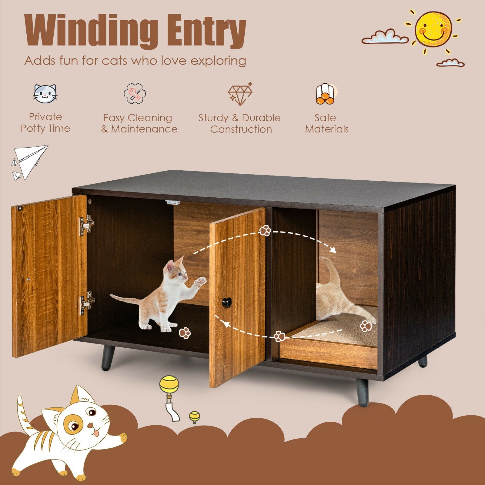 Cat Litter Box Enclosure with Divider and Double Doors, Brown Cat Houses at Gallery Canada