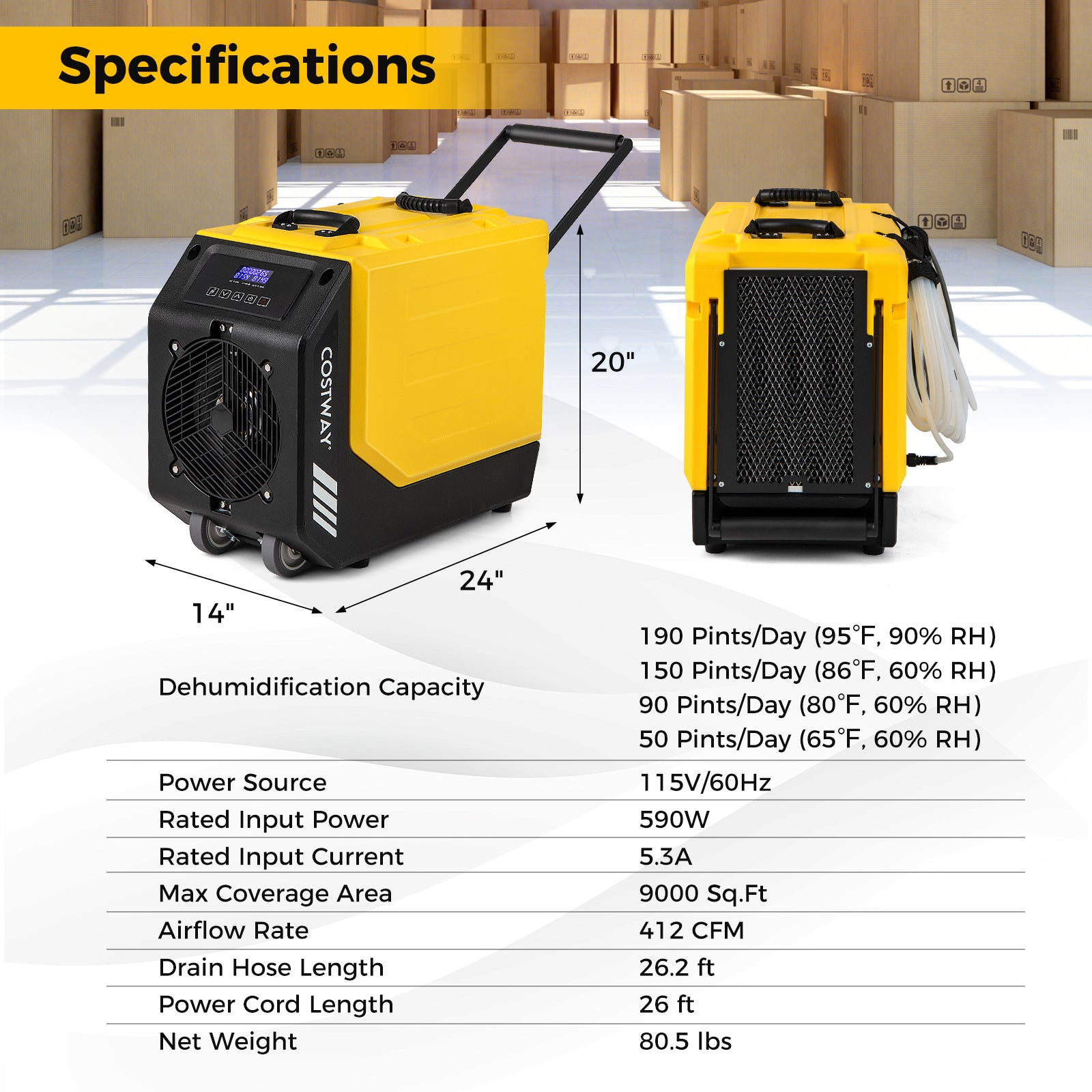 190 PPD Commercial Dehumidifier with Pump and 2 Wheels, Yellow Dehumidifiers at Gallery Canada