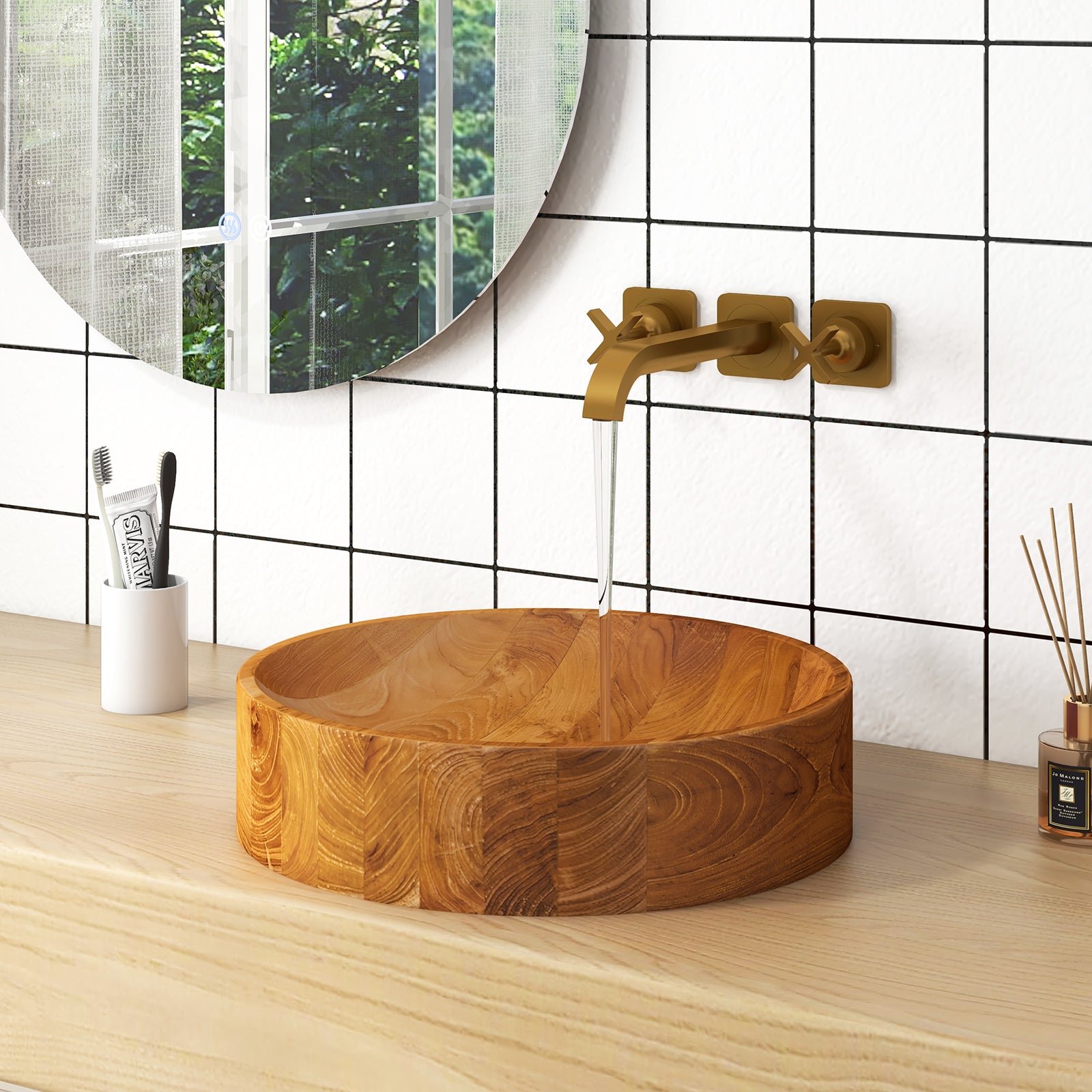 16 Inch Teak Wood Washbasin with Smooth Finish and Rounded Corners, Natural Bathroom Sinks at Gallery Canada
