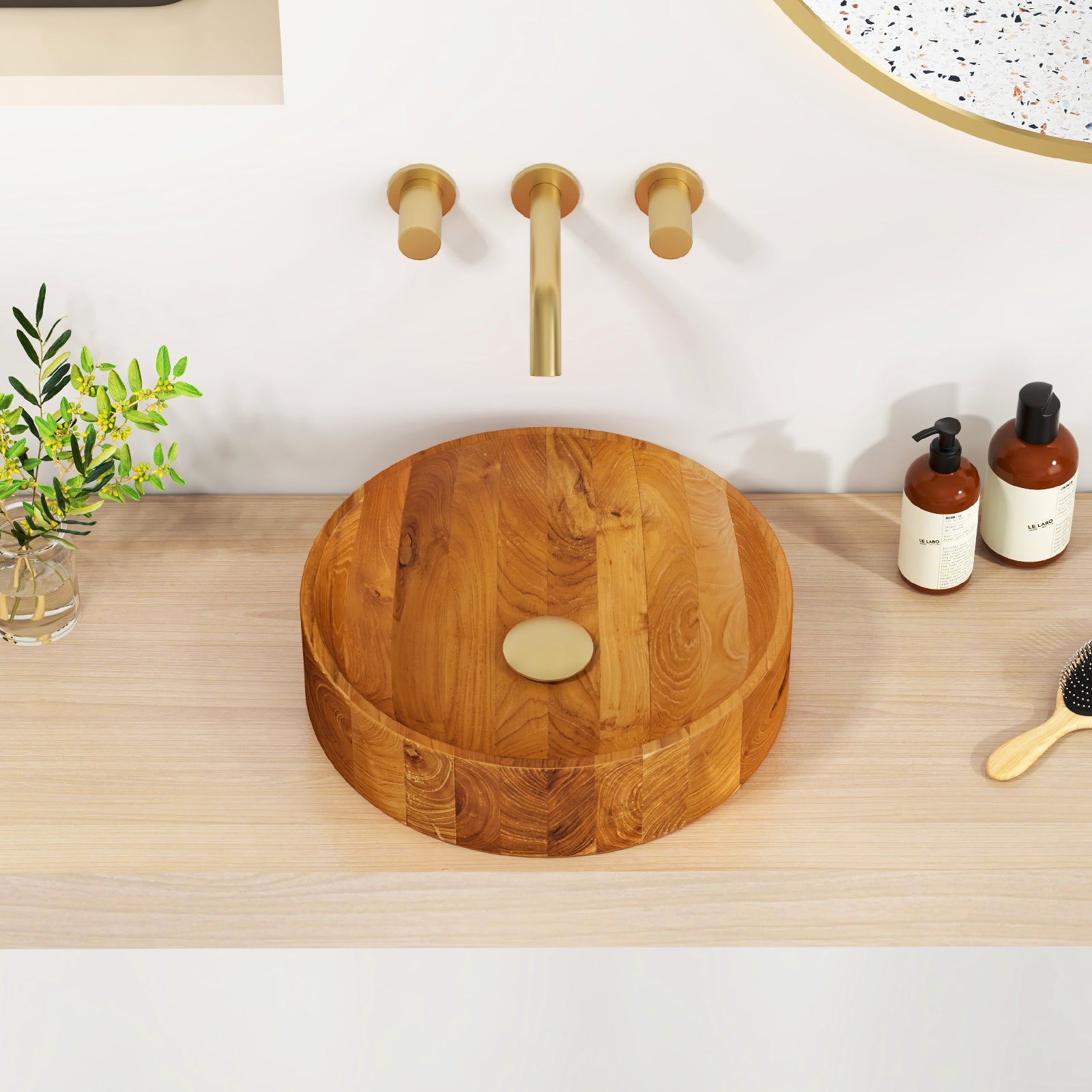 16 Inch Teak Wood Washbasin with Smooth Finish and Rounded Corners, Natural Bathroom Sinks at Gallery Canada