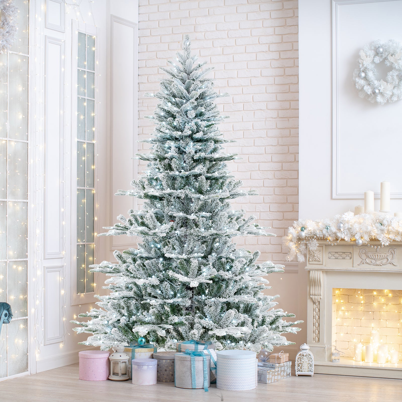 7 Feet Snow Flocked Artificial Christmas Tree with Cool White LED Lights, Green Christmas Tree at Gallery Canada