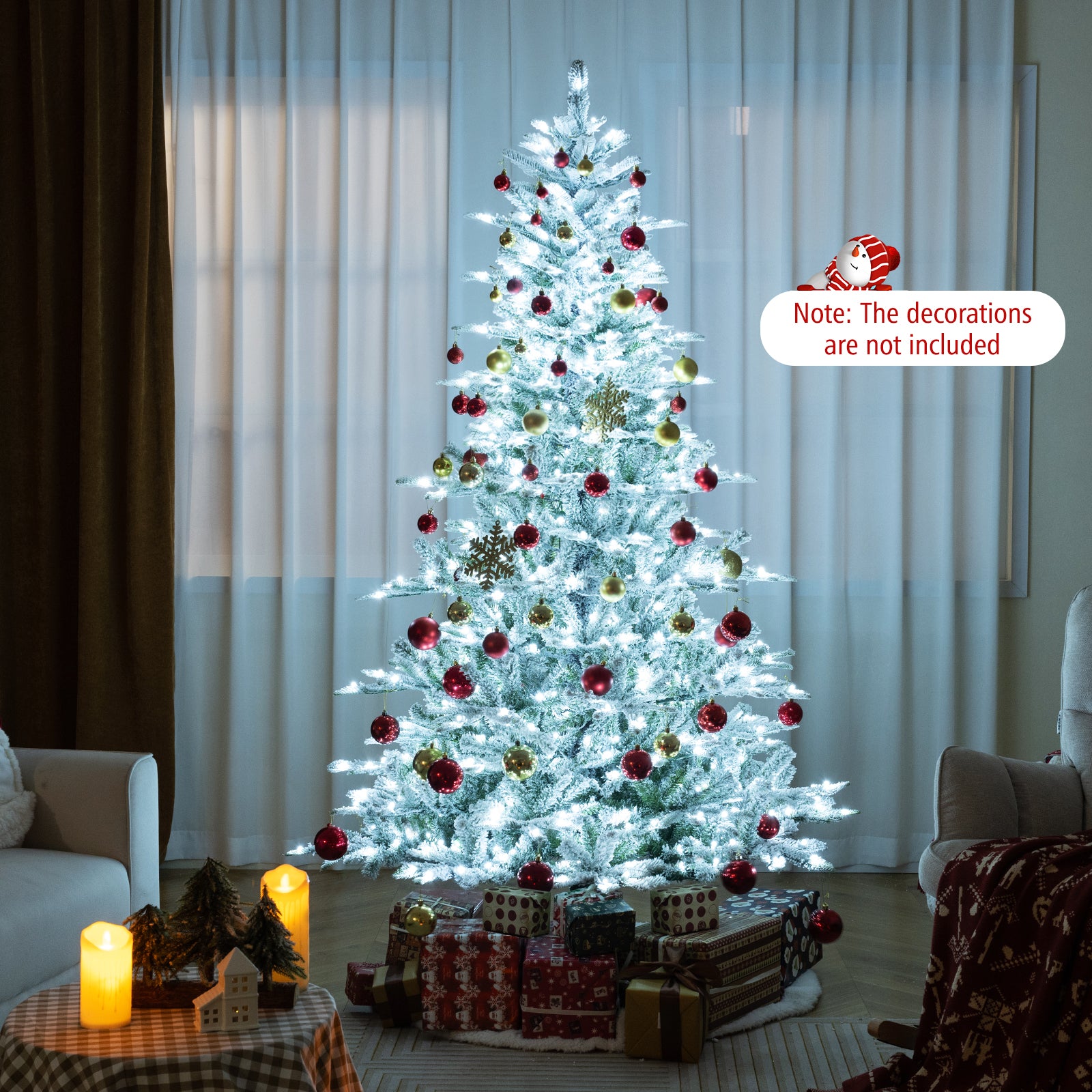 7 Feet Snow Flocked Artificial Christmas Tree with Cool White LED Lights, Green Christmas Tree at Gallery Canada