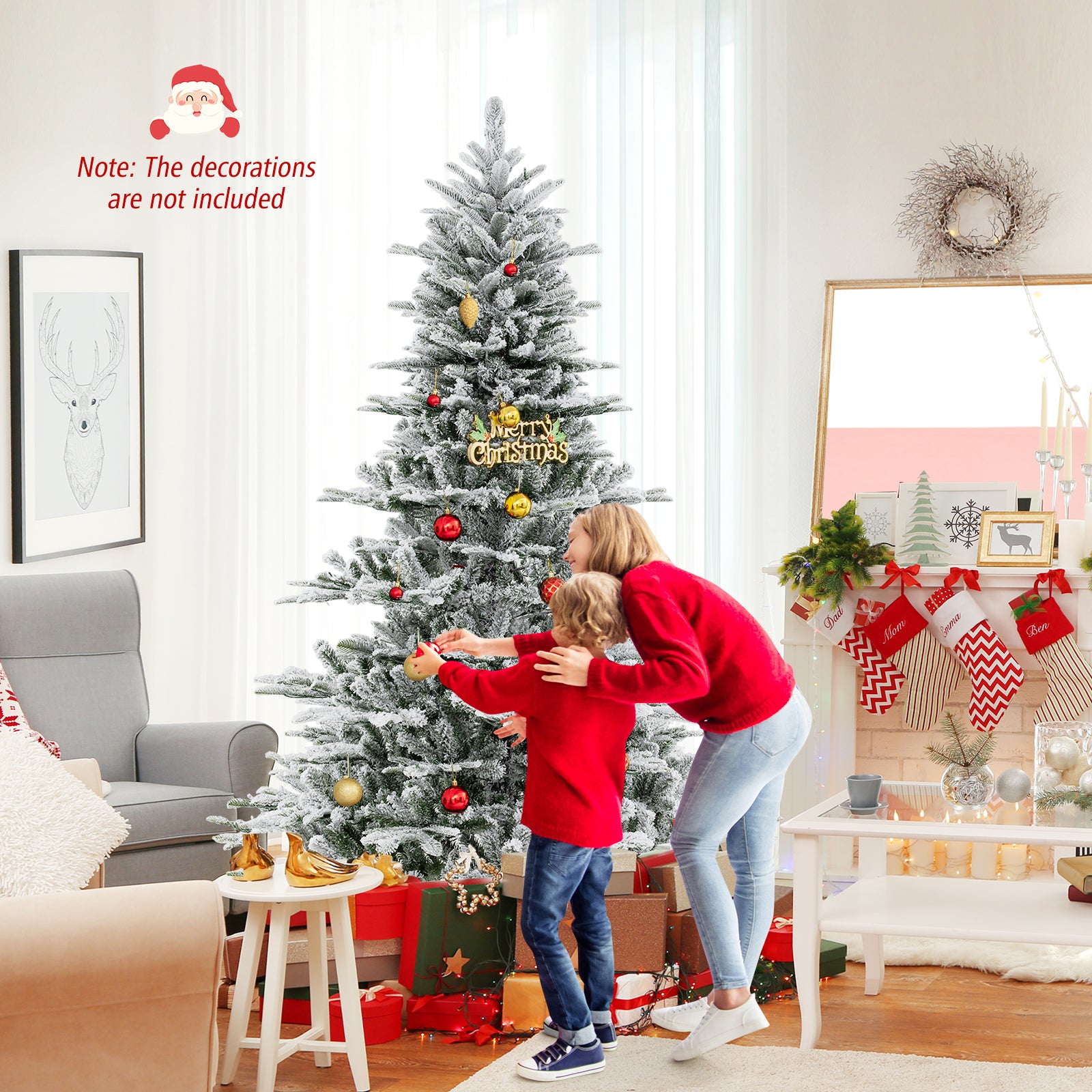 7 Feet Snow Flocked Artificial Christmas Tree with Cool White LED Lights, Green Christmas Tree at Gallery Canada