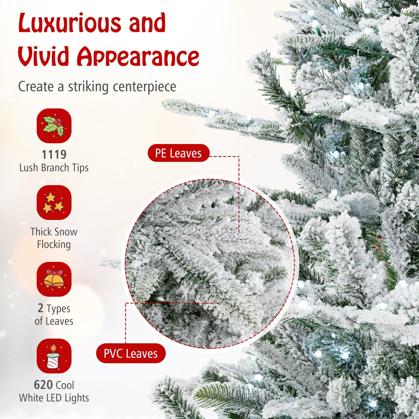 7 Feet Snow Flocked Artificial Christmas Tree with Cool White LED Lights, Green Christmas Tree at Gallery Canada