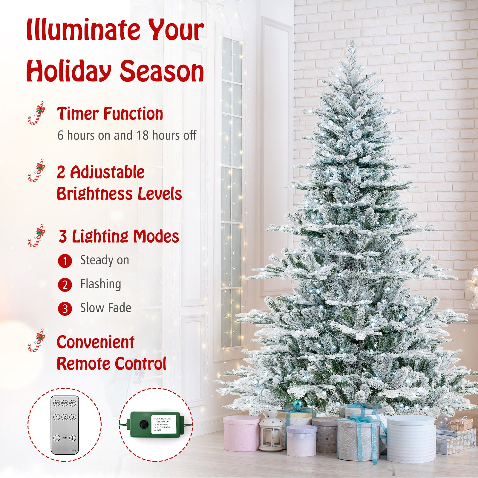 7 Feet Snow Flocked Artificial Christmas Tree with Cool White LED Lights, Green Christmas Tree at Gallery Canada