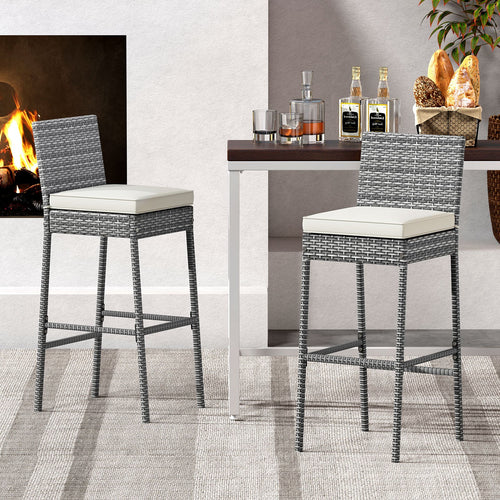 Set of 2/4 Patio Wicker Barstools with Soft Seat Cushion and Cozy Footrest-Set of 2, Gray