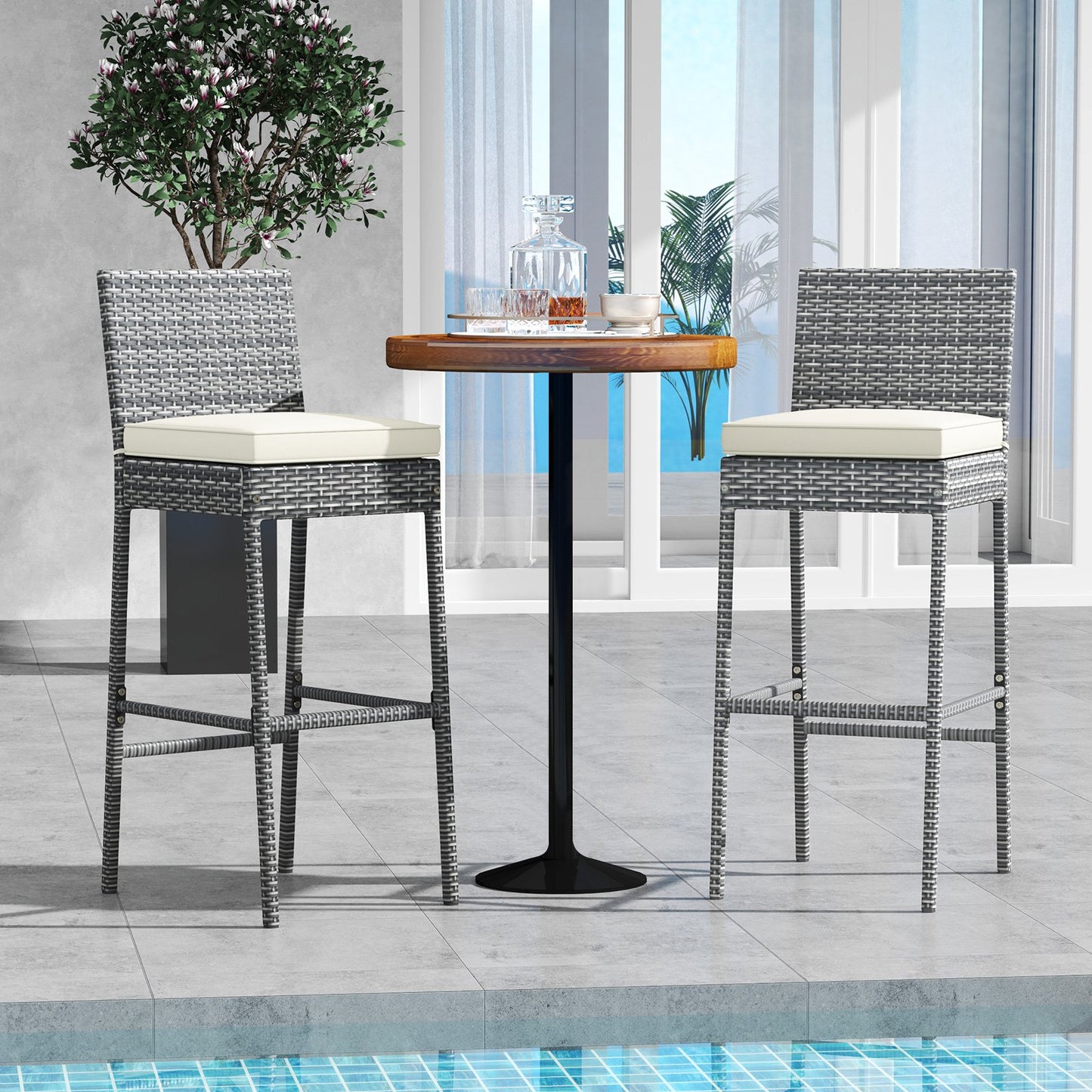 Set of 2/4 Patio Wicker Barstools with Soft Seat Cushion and Cozy Footrest-Set of 2, Gray Patio Bar Furniture   at Gallery Canada