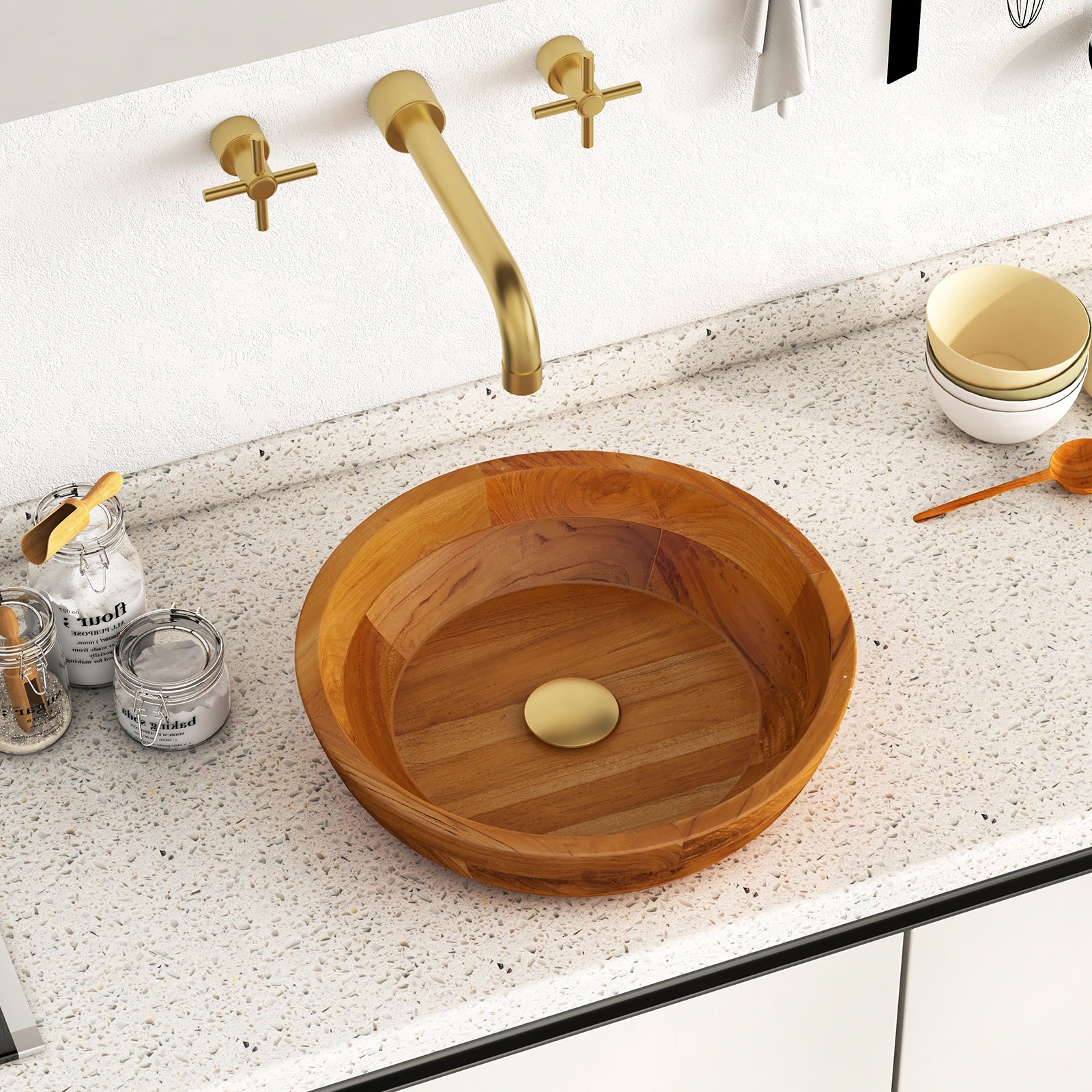 16 Inch Teak Wood Washbasin with Drainage Hole and Rounded Corners, Natural Bathroom Sinks at Gallery Canada