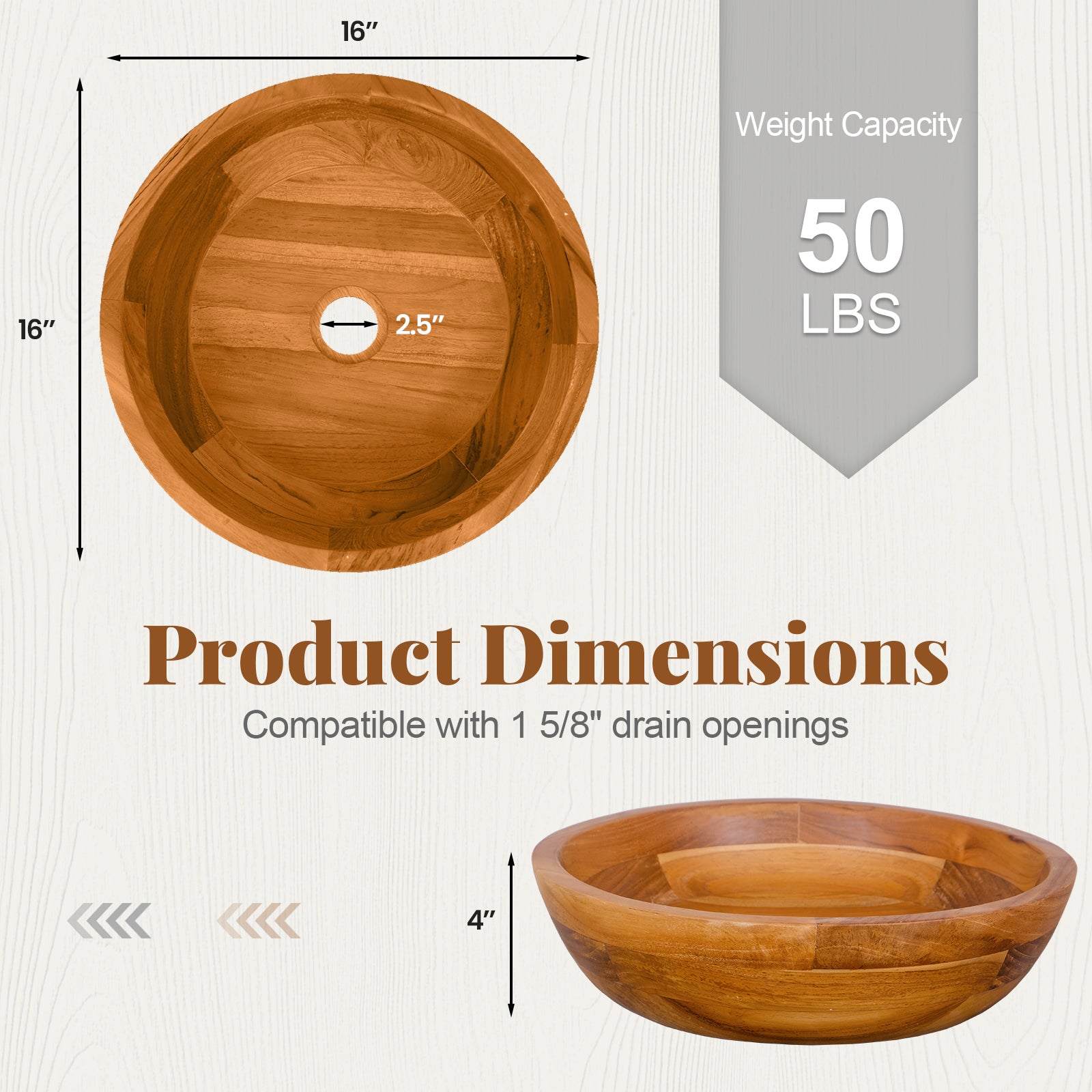 16 Inch Teak Wood Washbasin with Drainage Hole and Rounded Corners, Natural Bathroom Sinks at Gallery Canada