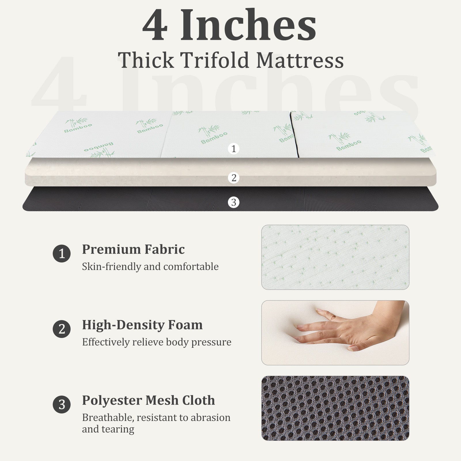 4 Inch Tri-Fold Foam Mattress with Washable Cover for Yoga Guest Mat, Gray Mattresses at Gallery Canada