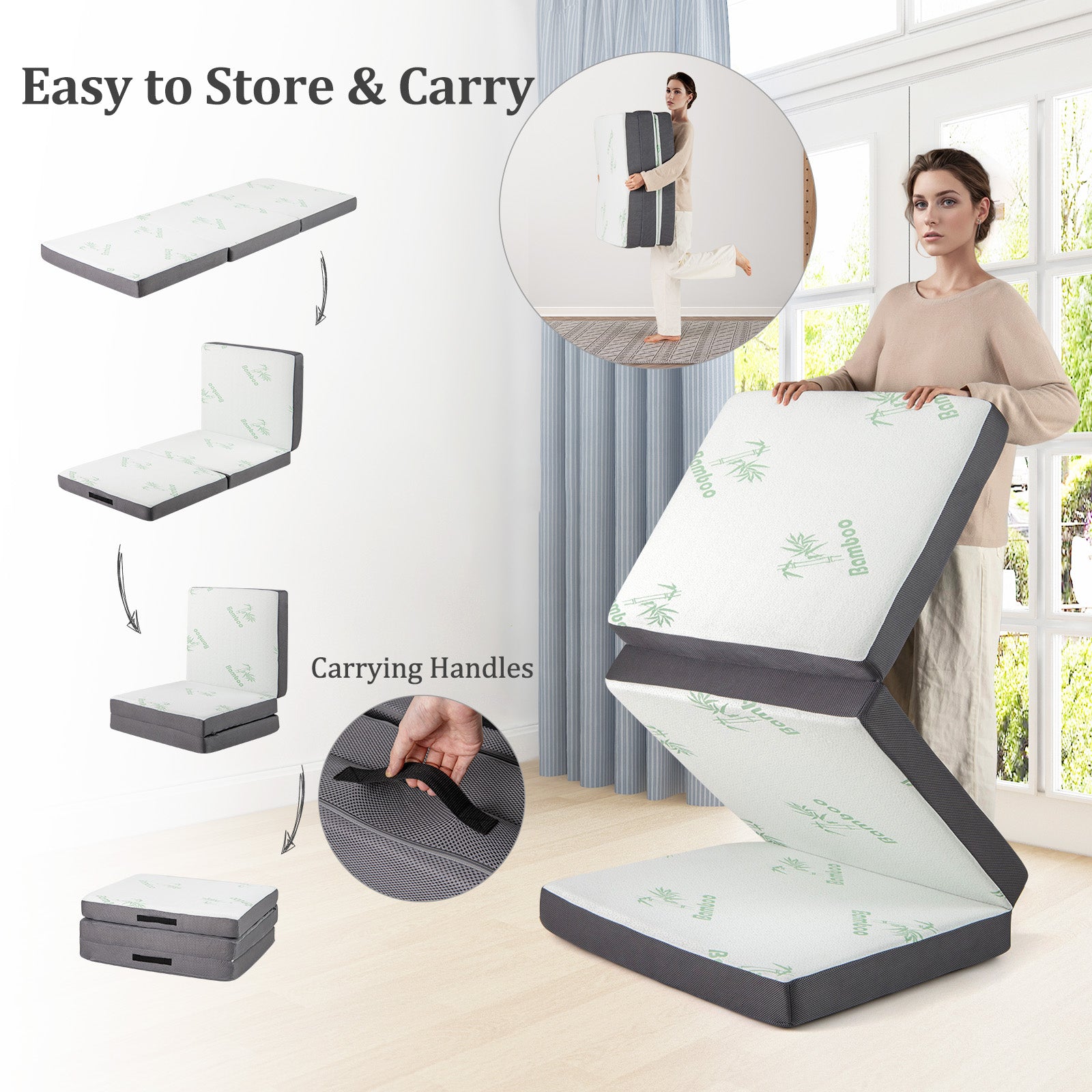 4 Inch Tri-Fold Foam Mattress with Washable Cover for Yoga Guest Mat, Gray Mattresses at Gallery Canada