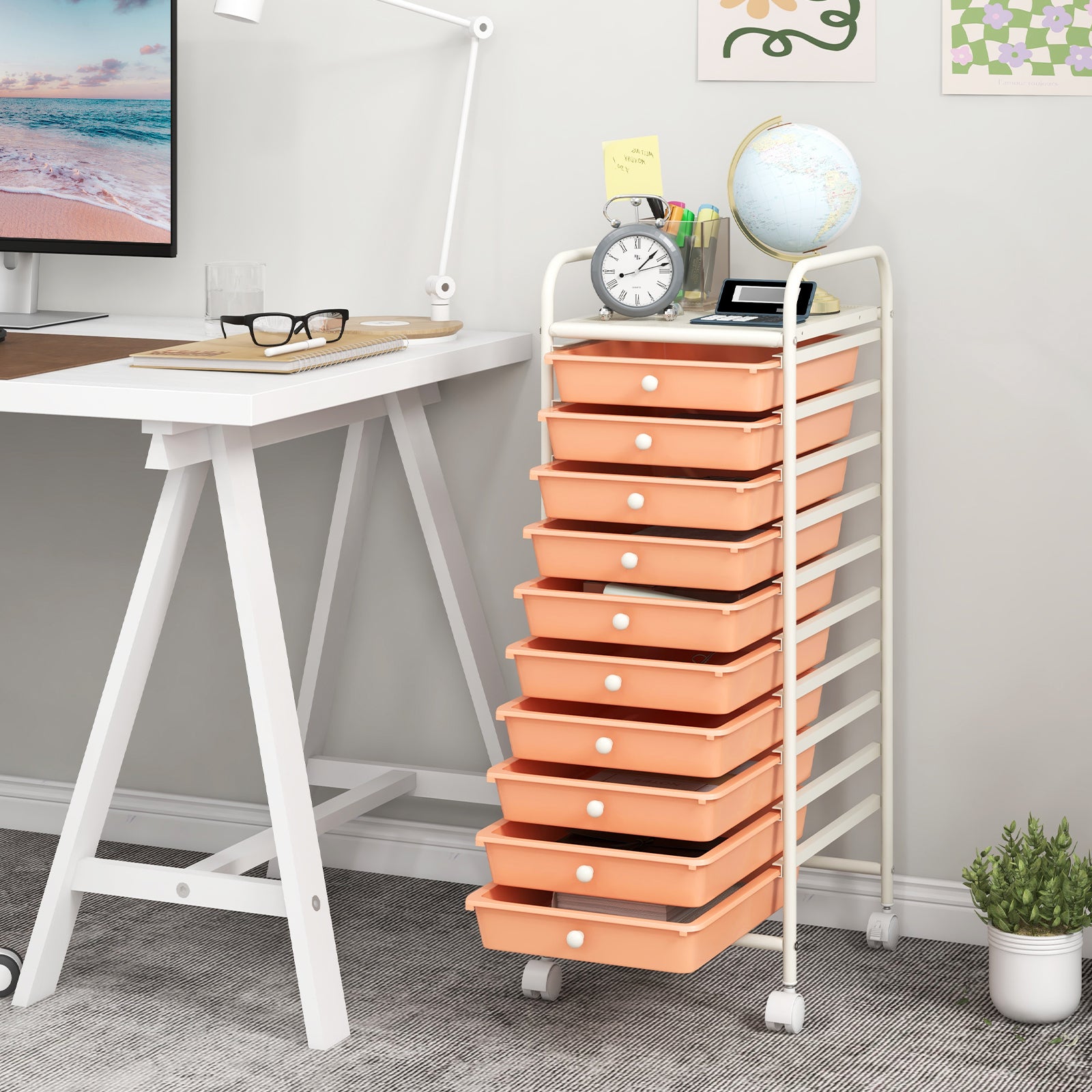 10 Drawer Rolling Storage Cart Organizer with 4 Universal Casters, Cherry File Cabinets at Gallery Canada
