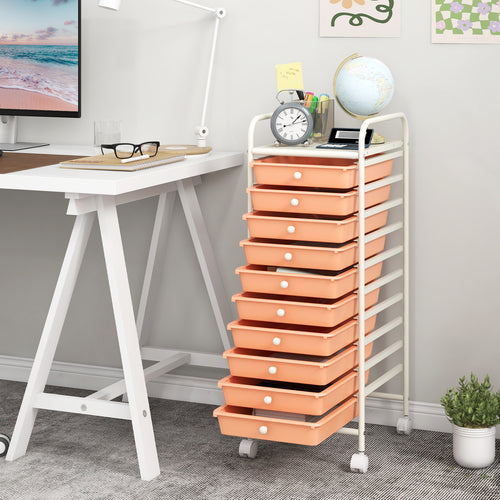 10 Drawer Rolling Storage Cart Organizer with 4 Universal Casters, Cherry